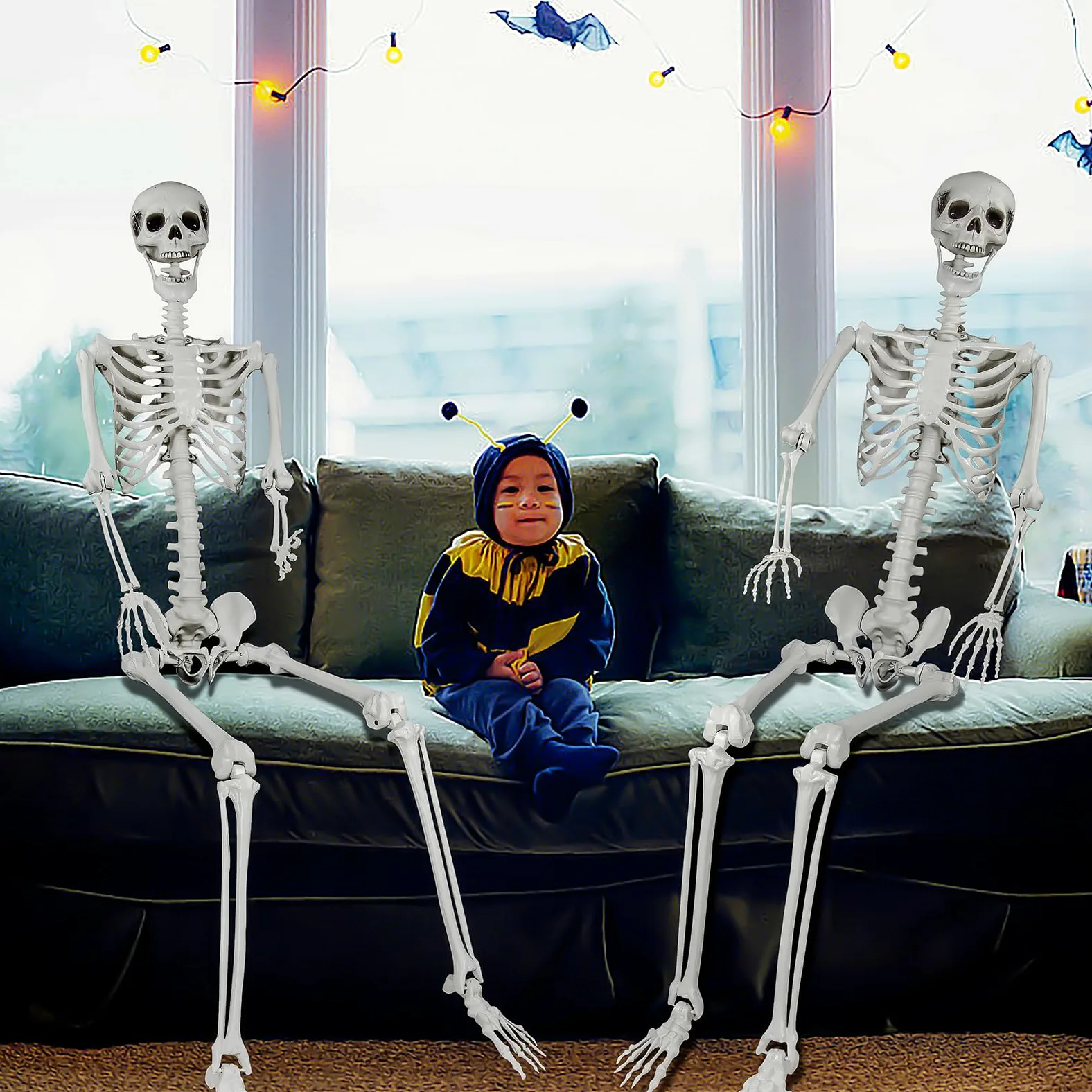 Scheletro a grandezza naturale per Halloween, 180 cm con articolazioni mobili, per decorazioni spaventose per feste di Halloween (2Pcs)