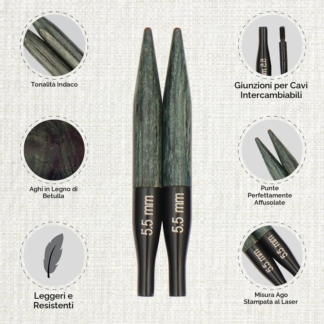 KnitPro Set di Ferri circolari intercambiabili Indigo Wood Short, 3,00 mm - 6,00 mm