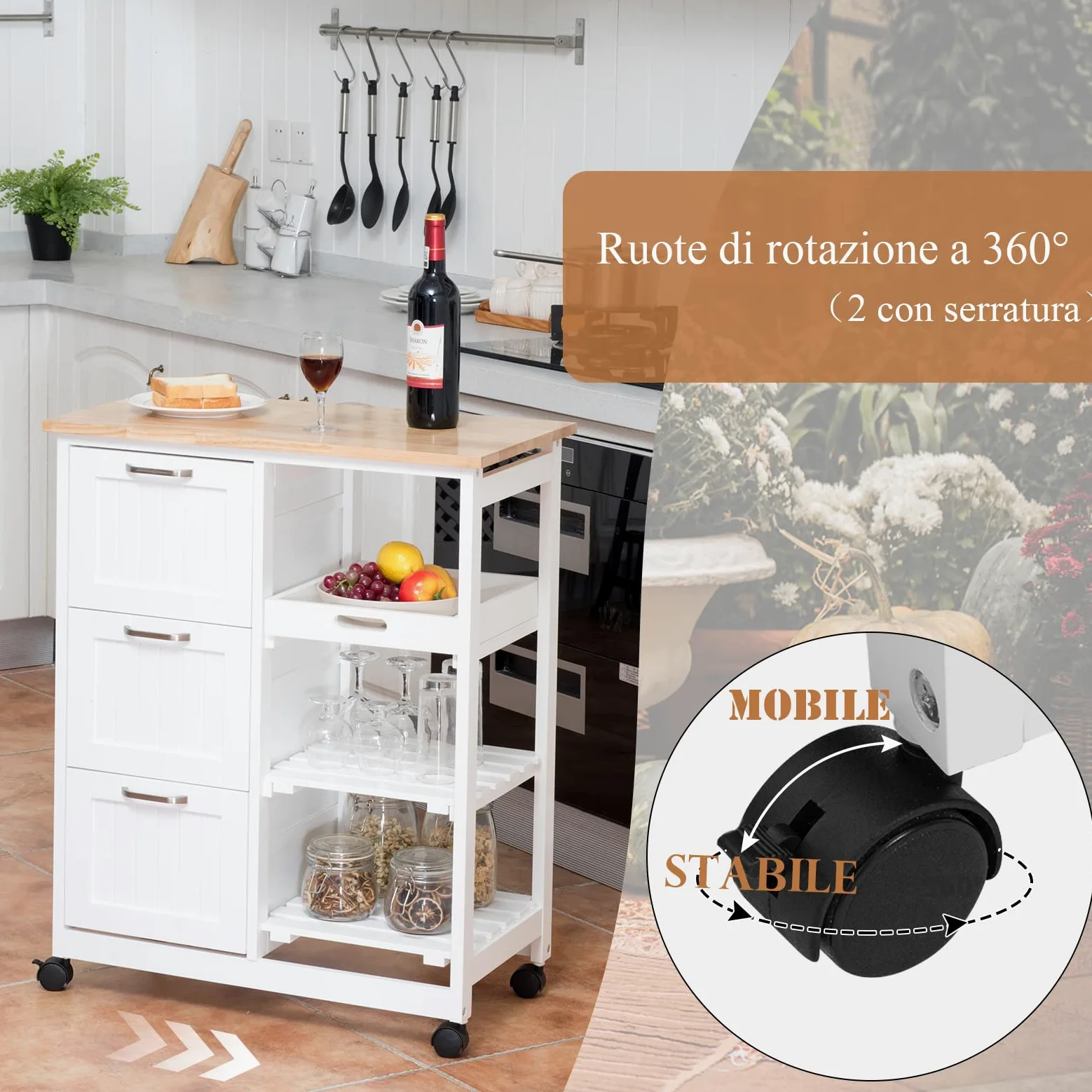 RELAX4LIFE Carrello da Cucina con Ruote Girevoli, Credenza Portaoggetti in Legno Robusto con 3 Cassetti e 3 Ripiani, Carrello di Servizio Pratico e Salvaspazio per Sala da Pranzo (Bianco)