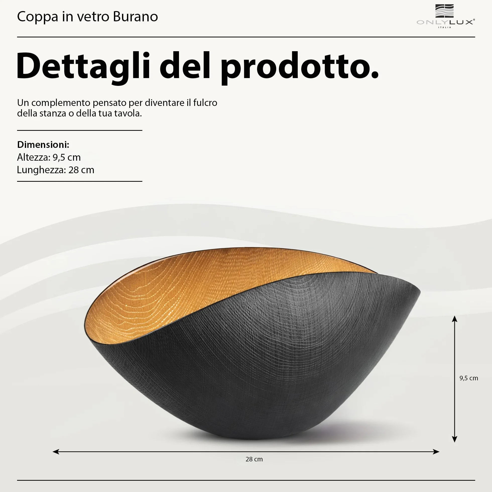 Onlylux Coppa Burano in Vetro Centrifugato Decorato a Mano - Centrotavola Decorativo 28 x 9,5 cm - Coppa in Vetro Artigianale per Arredo Casa - Nero Mat Oro