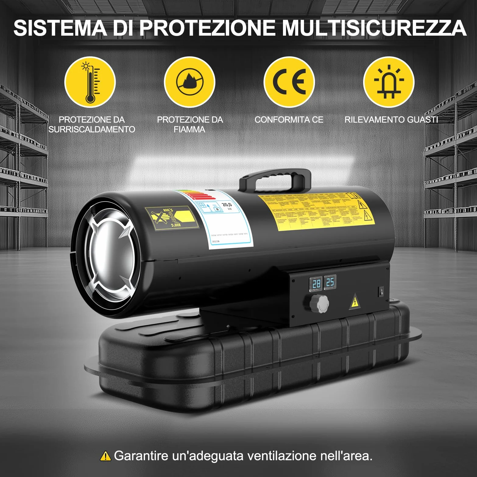 Riscaldatore Diesel 20 kW - Termoventilatore Industriale | Portata 550 m³/h - Termostato Regolabile & Indicatore Livello Gasolio - Per Officine, Cantieri, Uso Agricolo