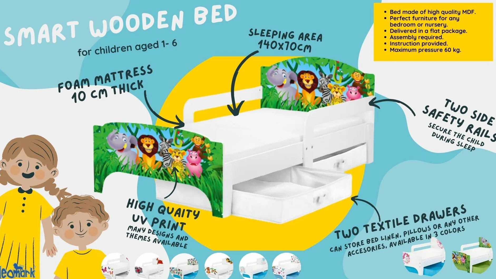 Leomark Letto per Bambini in Legno 140x70 cm SMART con Cassetto, Materasso e Telaio, Stampa Animali Selvaggi