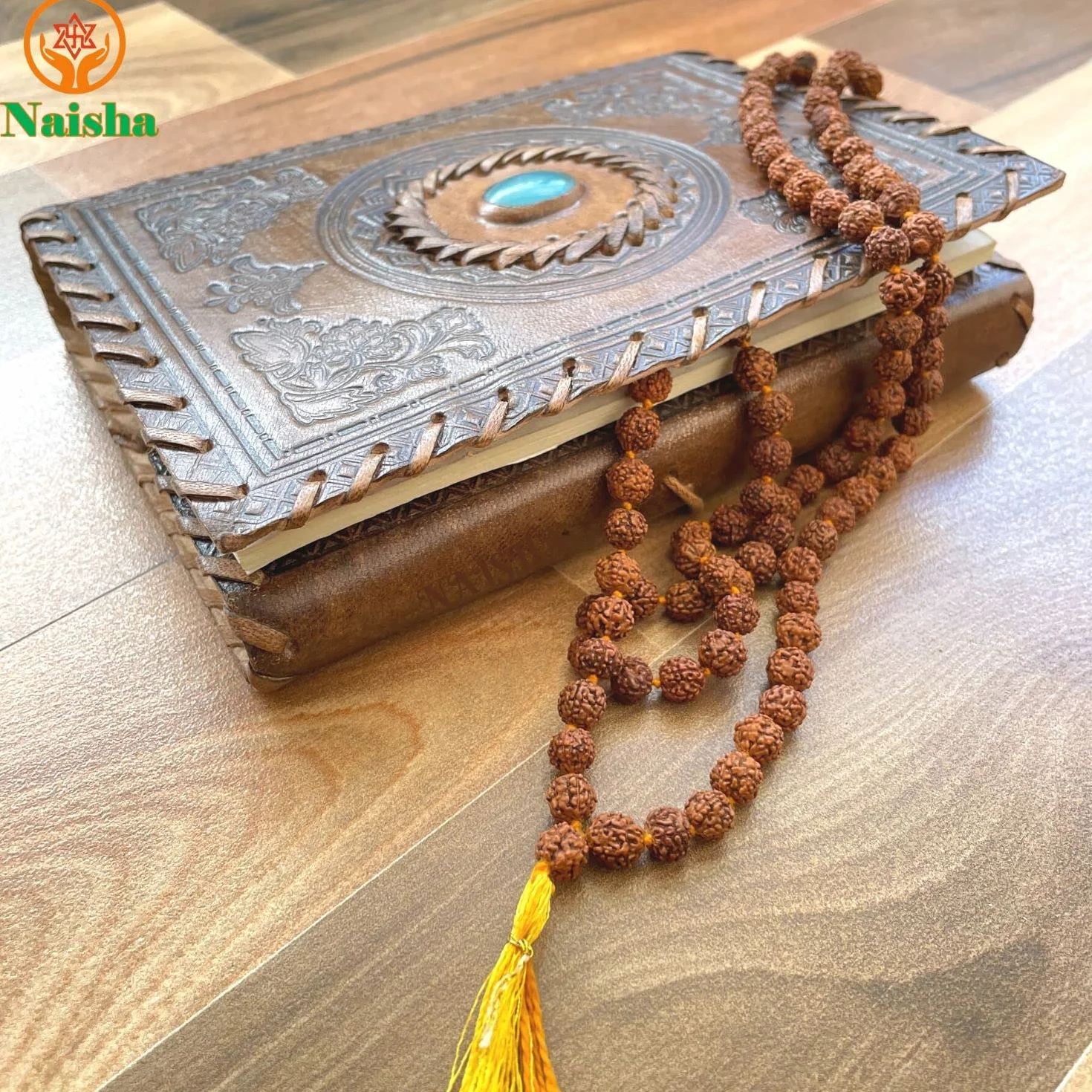 Naisha Tulsi Holy Basil Japa Mala & Rudraksha Mala, 108+1 perline Japa Mala, 5 facce Panch Mukhi Rudraksha Seed per Mantra Jaap quotidiano con nappina
