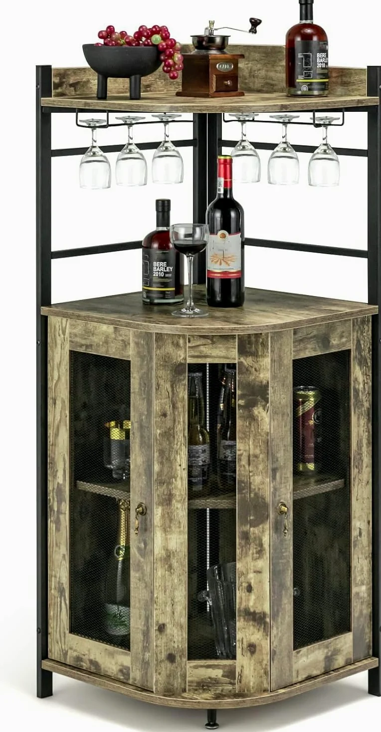 FANTASK Armadio da bar industriale, armadietto per vino con supporto in vetro, bar in metallo