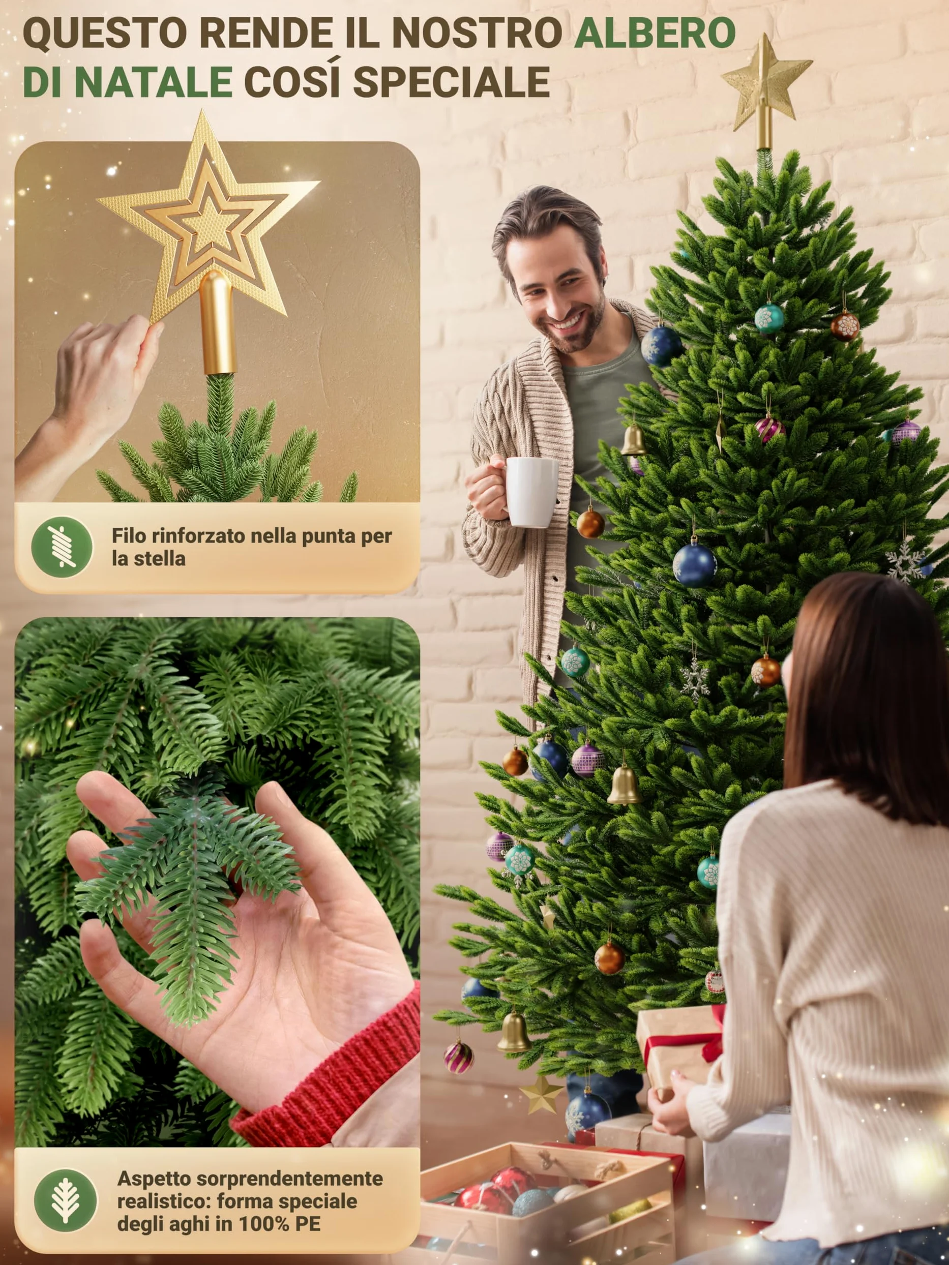 Albero di Natale artificiale [100% stampato a iniezione] - Nordman realistico con cima robusta | christmas tree di prima qualità con supporto in legno certificato FSC (180 cm, Senza illuminazione)