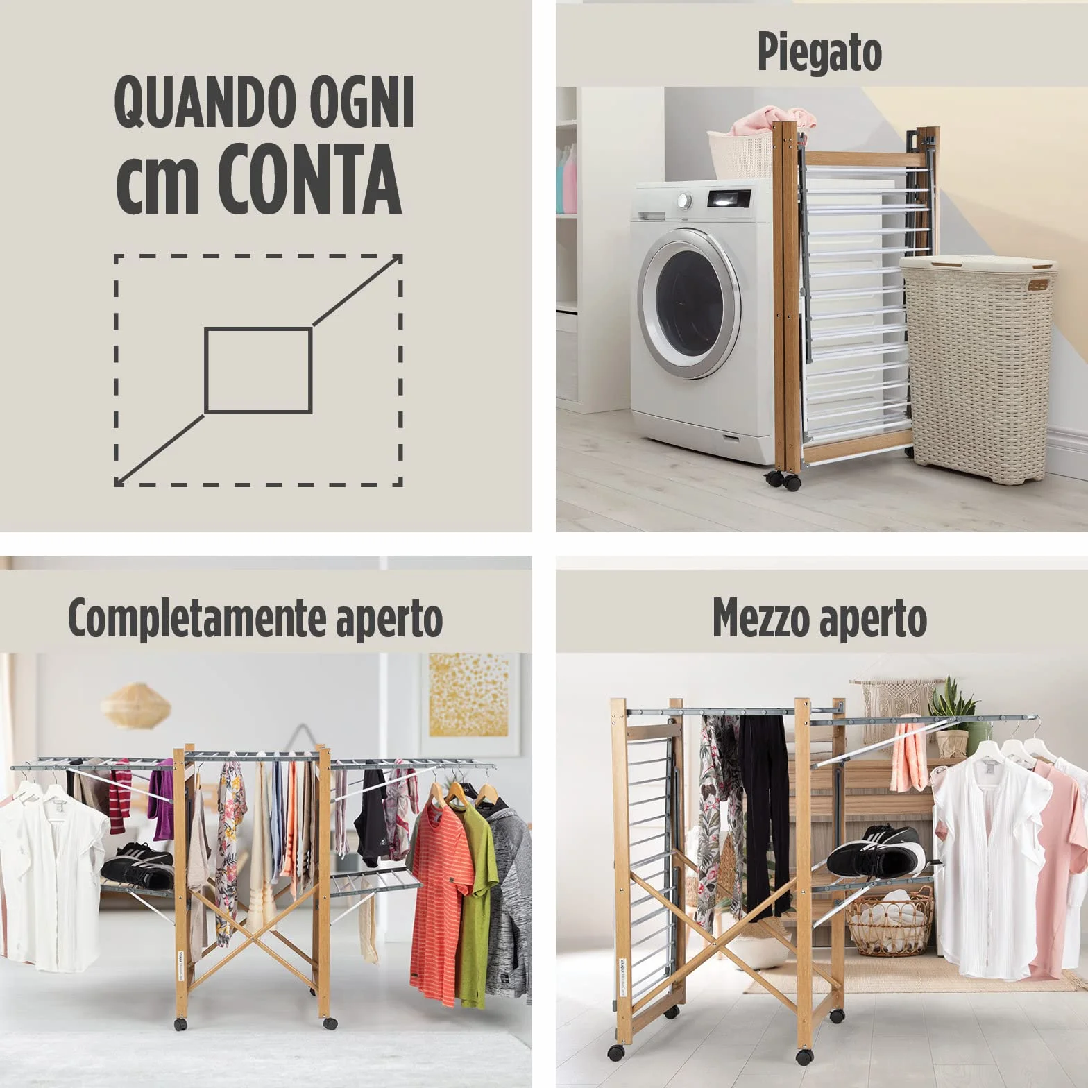 VITAPUR House Care XXL Stendibiancheria con Ruote - Stendino 2 Livelli 21m - Pieghevole 12cm Effetto Legno - Stendibiancheria da Terra Mobile Interno Esterno - 25kg Portata 136x69cm Salvaspazio