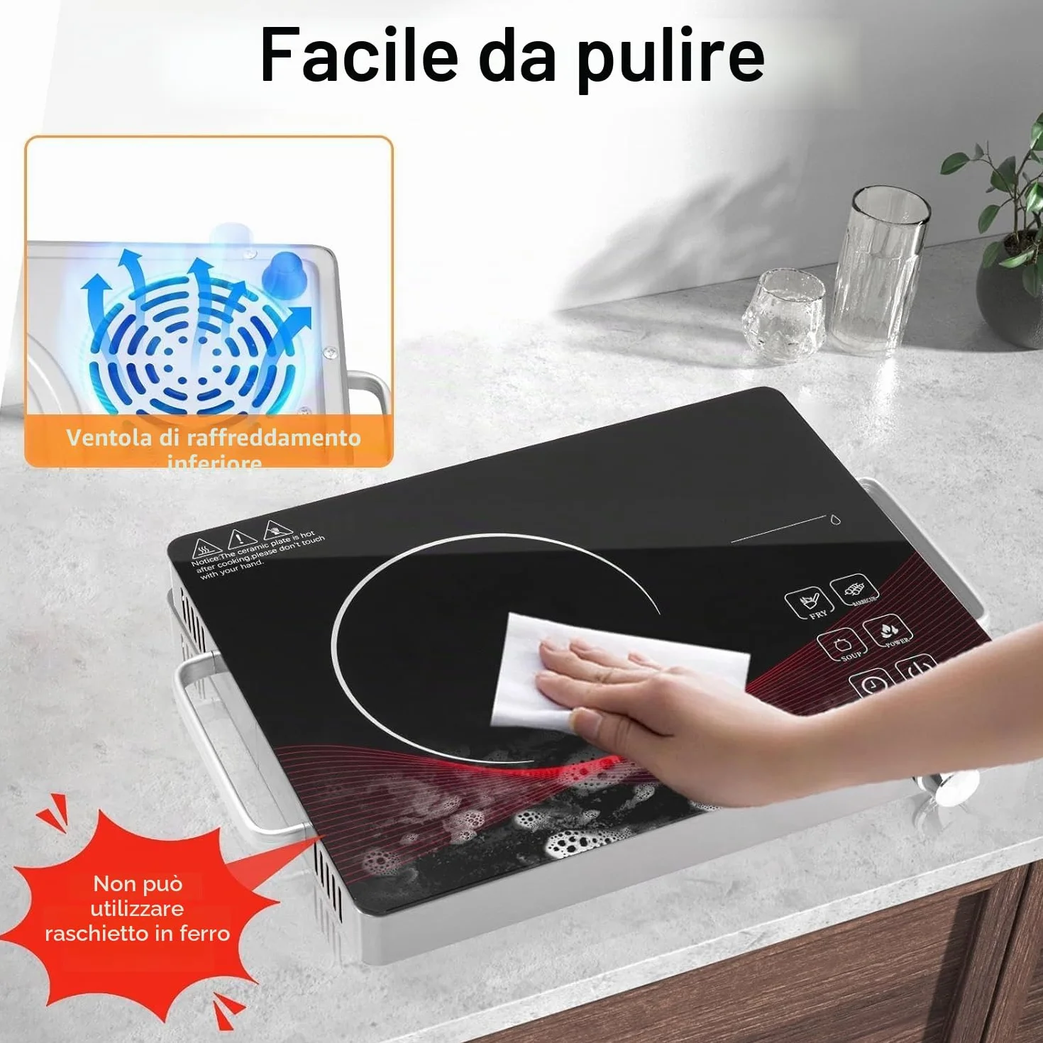 Piano Cottura in Vetroceramica 3500W Portatile 1 Piastra 41cm 29cm | Controllo Touch 4 Modalità 9 Livelli Potenza 1 Minuto a 3 Ore Funzione Timer