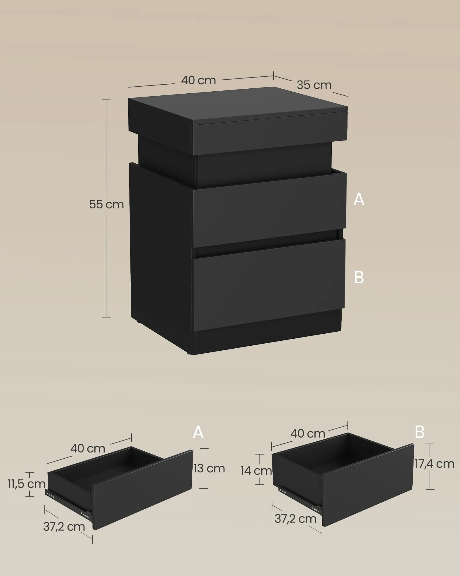 VASAGLE KAILYN Collezione - Comodini con Multipresa, Set di 2, Tavolini con Piano Scorrevole, 2 Cassetti, Striscia LED, Stile Moderno, 35 x 40 x 55 cm, Nero Inchiostro LET840BC01