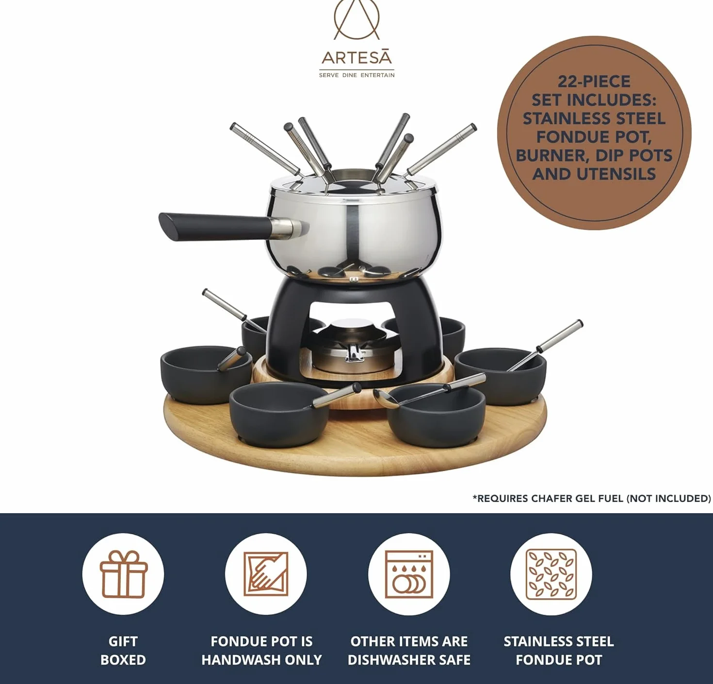 Artesà Zestaw do Fondue z Lazy Susan, 22-częściowy, Stal Nierdzewna, Czarny