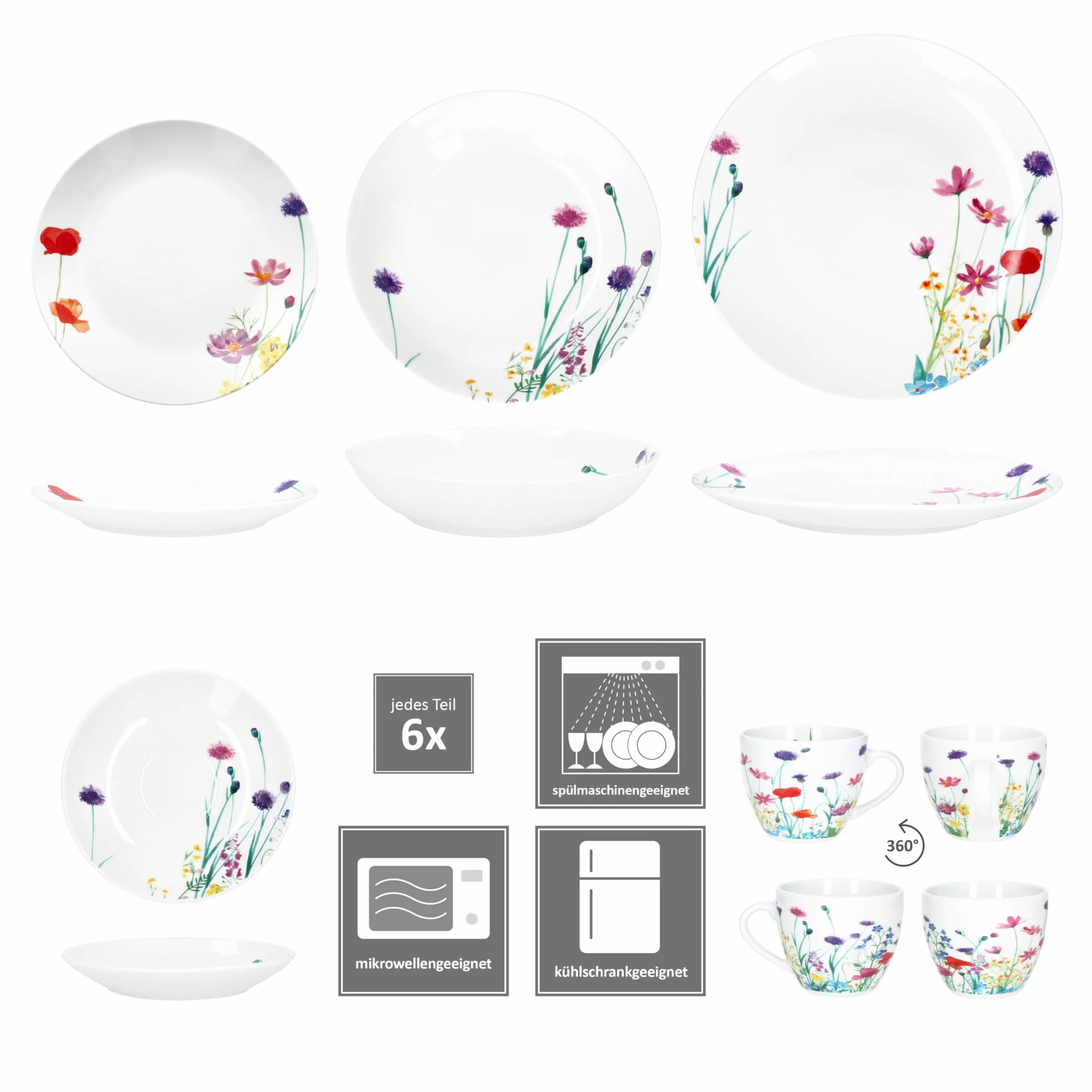 MamboCat Marie Servizio combinato da 30 pezzi, in porcellana con decorazione prato floreale, per 6 persone, 6 tazze, piattini, piatti da torta, piatti fondi e piatti piani
