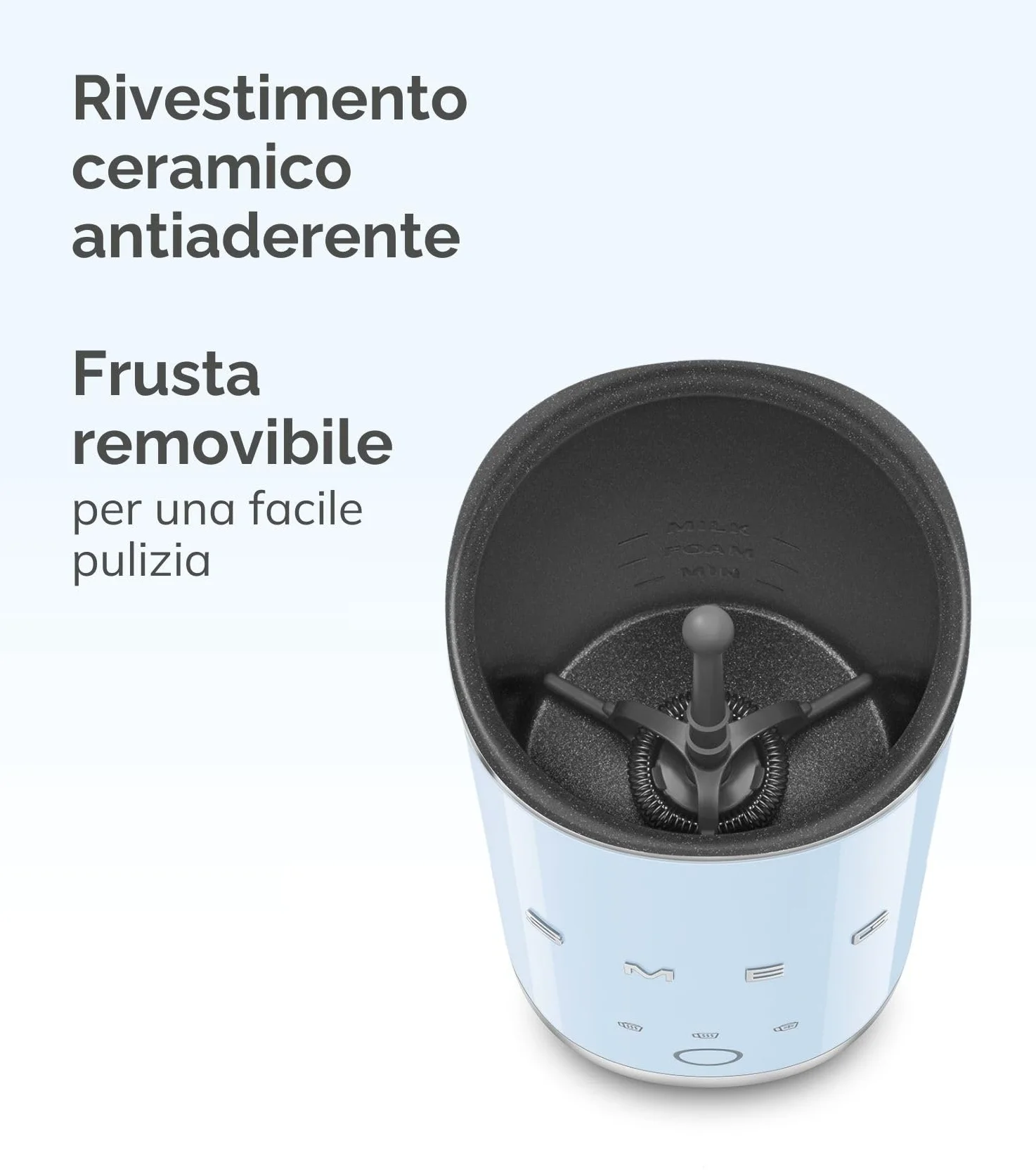 Smeg, Montalatte Elettrico MFF02WHEU, 3 Funzioni Bevanda, Frusta Removibile, Rivestimento Ceramico Antiaderente, 500 W, Bianco