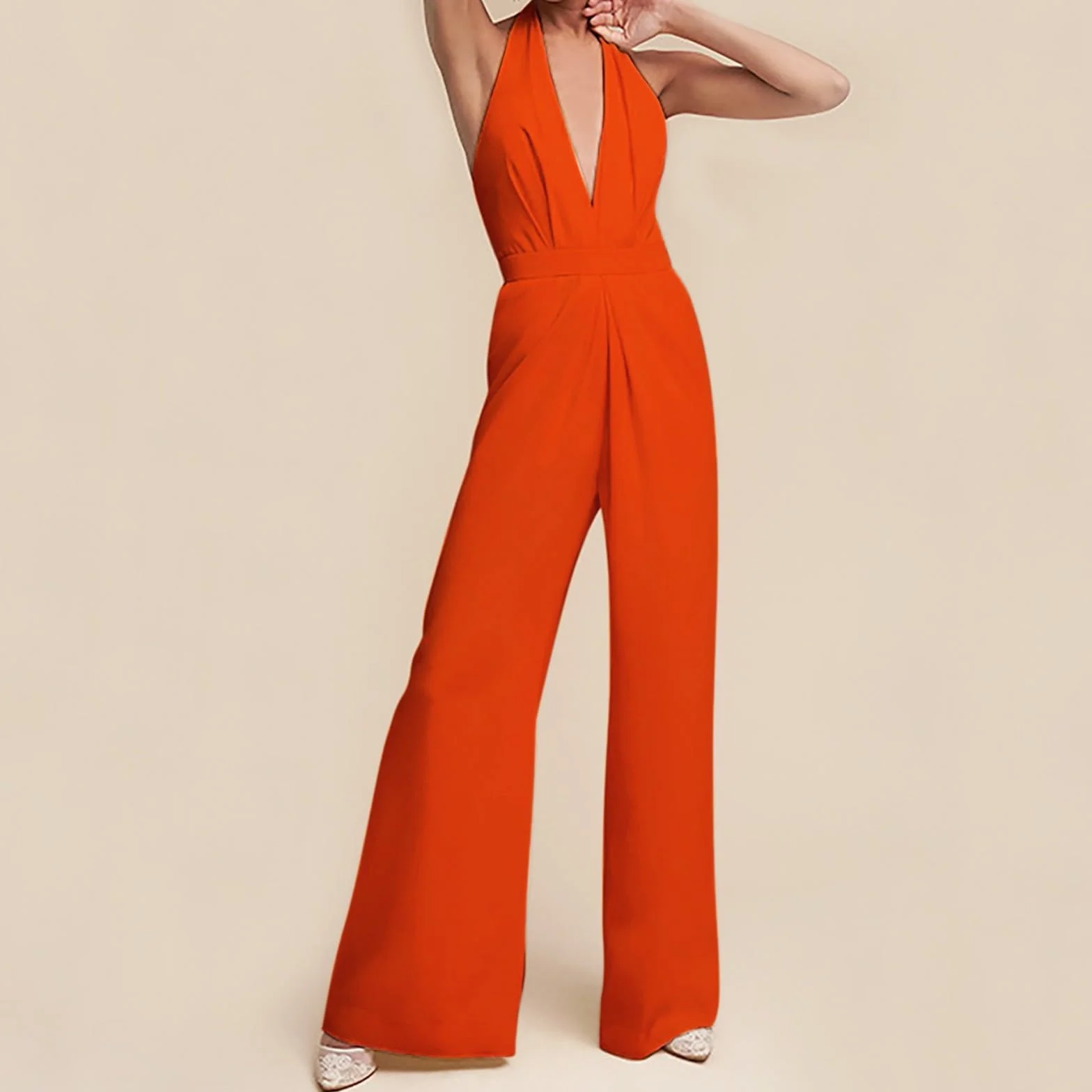 Tuta da donna senza maniche con scollo all'americana - Tutina senza schienale tinta unita alla moda senza maniche Tuta da lavoro sexy con scollo a V profondo salopette a gamba larga con tasche