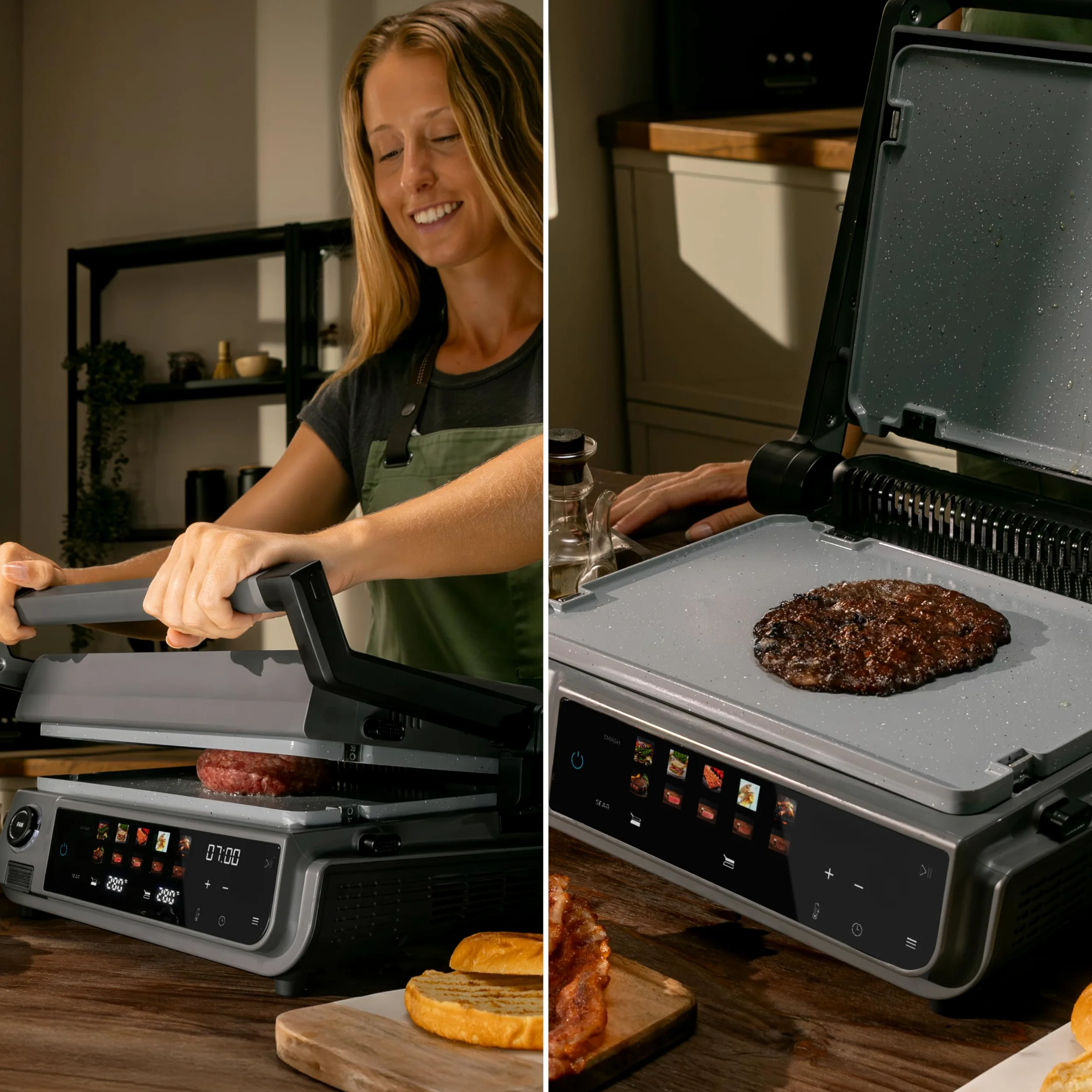 Cecotec Griglia elettrica con Grill Rock'nGrill 2000 Smash PerfectCook. 2000 W, Sonda Temp, Smash Burger, Smokeless, Dual Temp, Raccoglitori, piastre reversibili, superficie 30 x 21 cm, acciaio