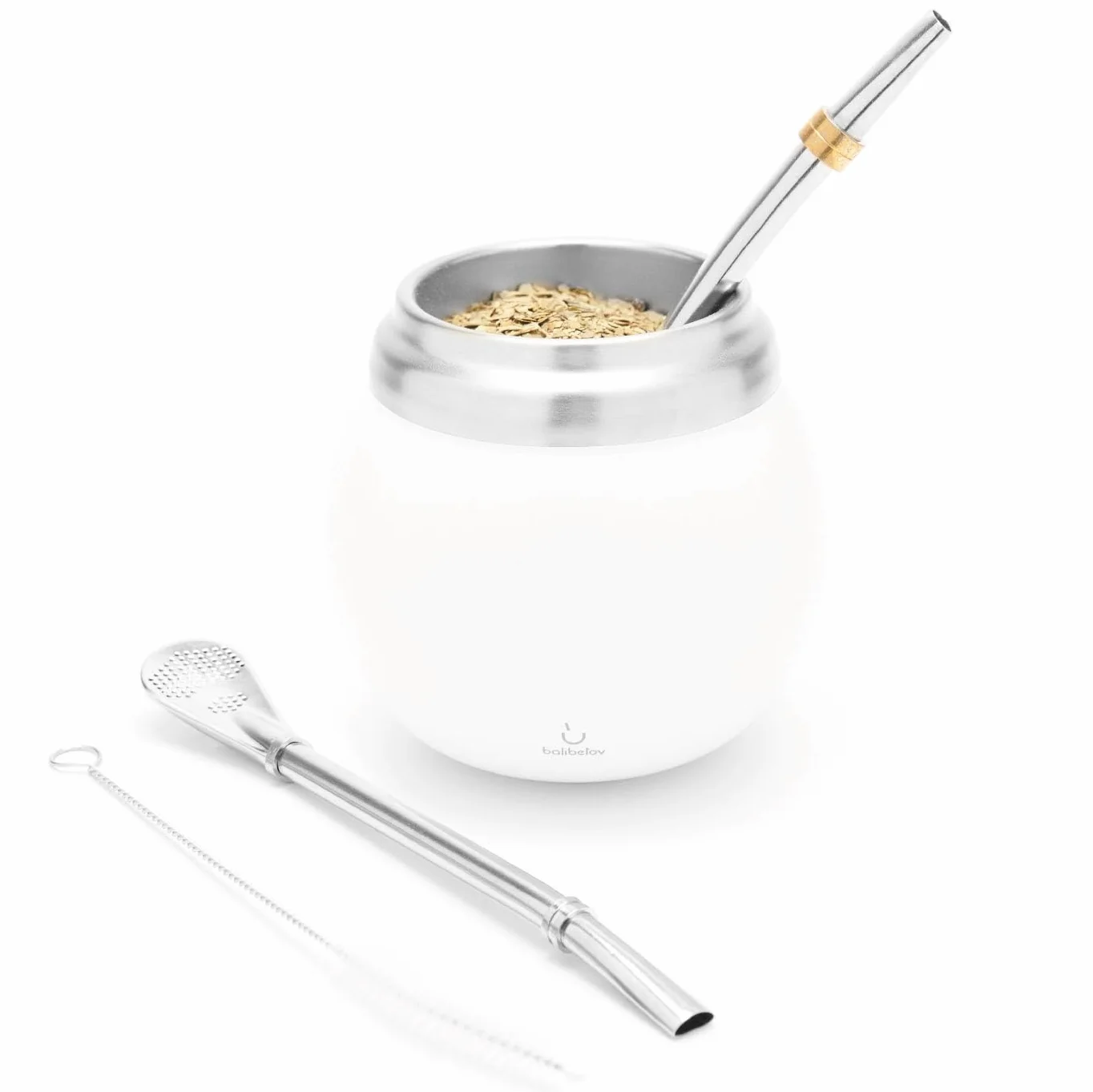 BALIBETOV Mate Argentino Kit Yerba Mate Tazza Acciaio Inossidabile Doppia Parete Termica Bombilla Bianco