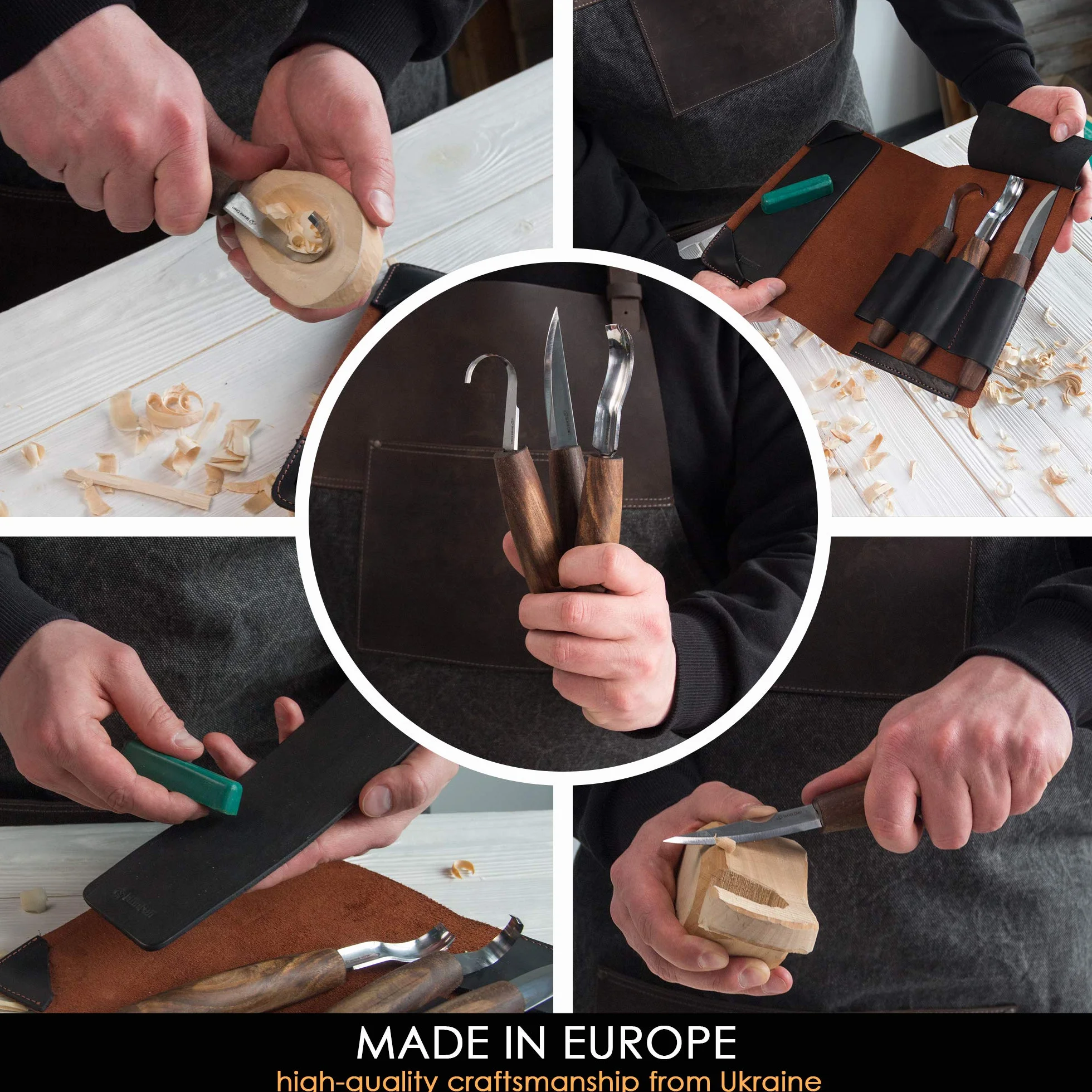 BeaverCraft Kit Deluxe Intaglio Cucchiai S14x – Set Whittling per Legno con Coltello Sloyd, Coltello a Uncino, Sgorbia, Custodia Rotolabile in Pelle e Cinturino con Pasta Lucidante