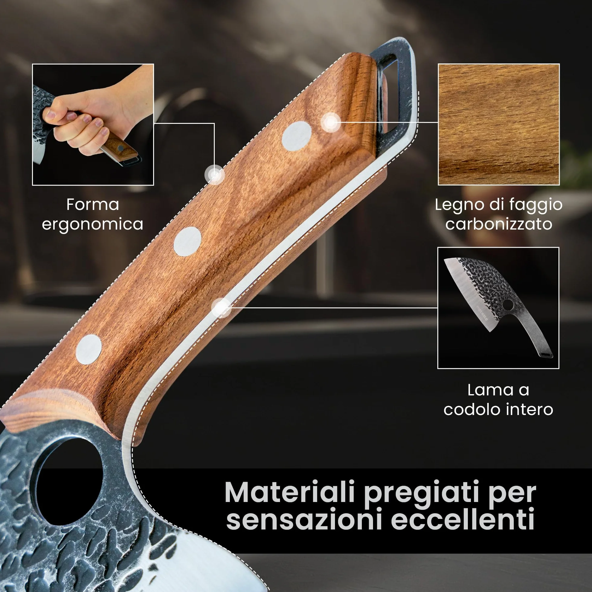Matsato Mannaia da Cucina Professionale in Acciaio Giapponese - Coltello Mannaia con Lama 15 cm, Manico in Faggio Carbonizzato - Per Carne, Verdure e Ossa da Macellaio