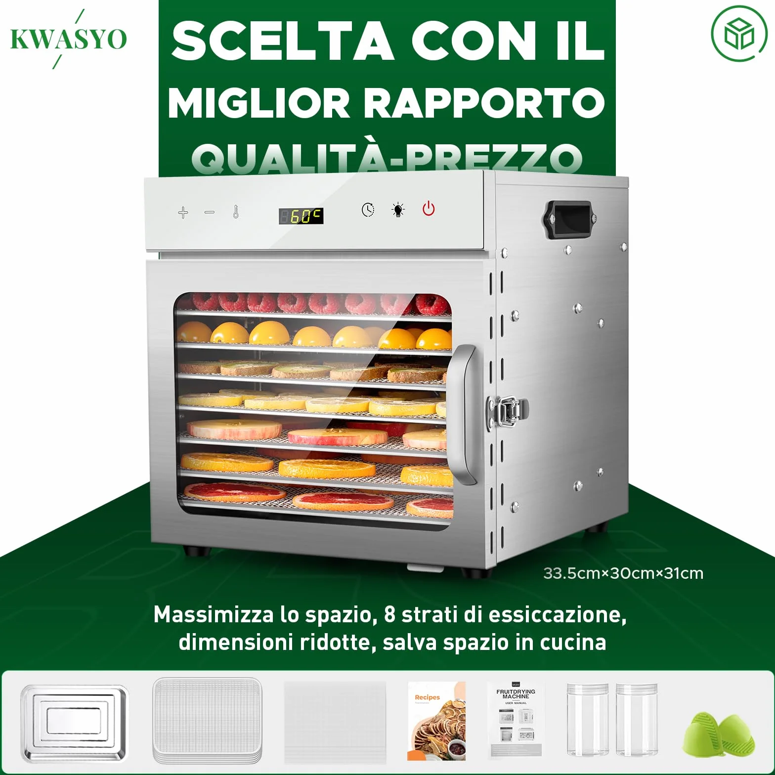 Kwasyo Essiccatore Alimentare Professionale in Acciaio Inox, 8 Vassi, 67 Ricette,di Temperatura da 30 a 90℃, Funzione Timer fino a 24 ore, Senza BPA, Disidratatore per Frutta, Carne, Verdure, Erbe