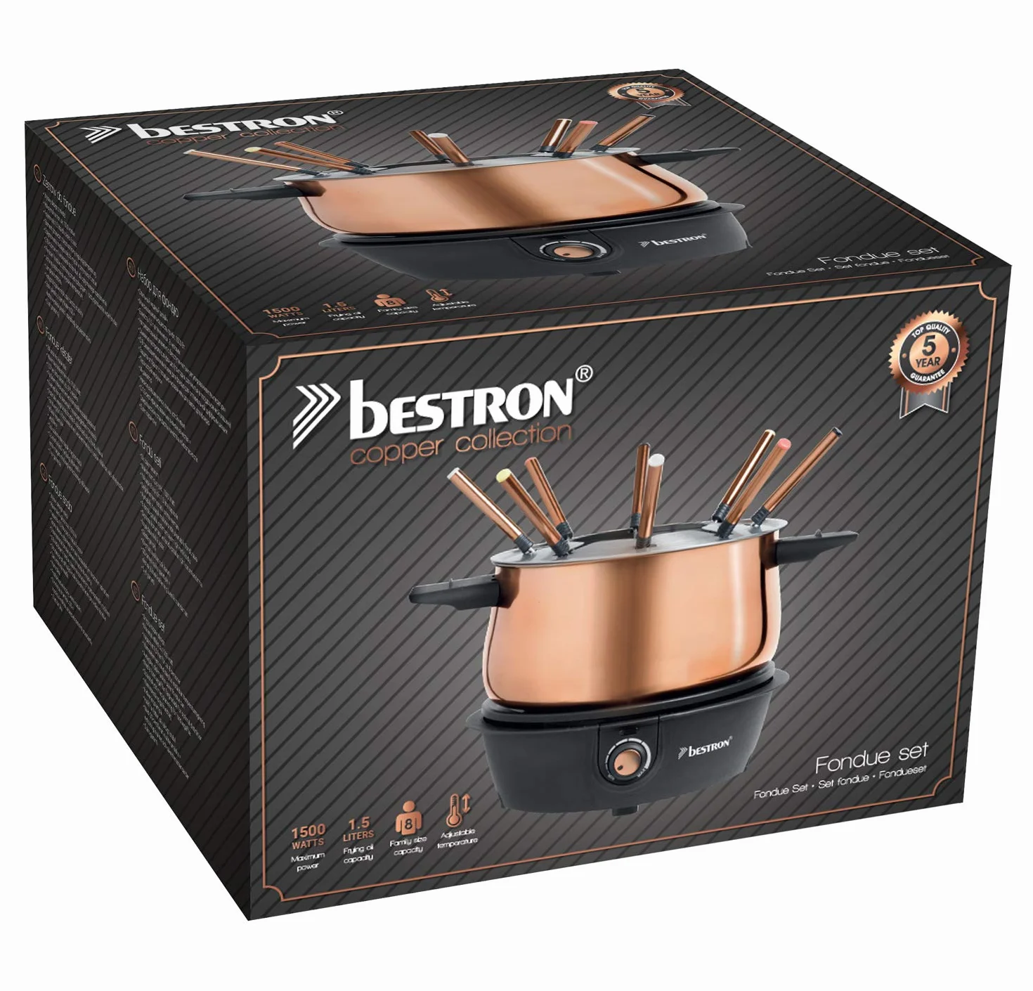 Bestron Set per fonduta elettrico, macchina per fonduta 8 persone, 8 forchette, termostato continuo, rame
