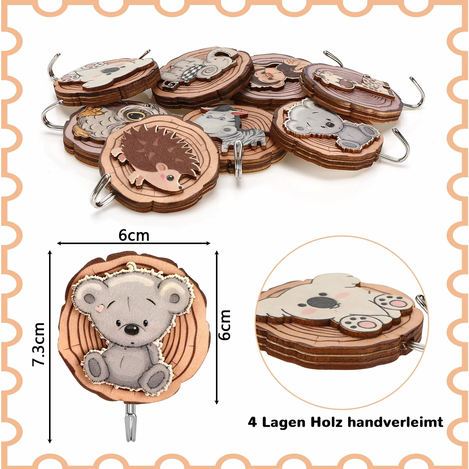 Ganci Autoadesivi per Bambini a Forma di Animale, 8 Pezzi, Ganci in Legno per Asciugamani e Cappelli
