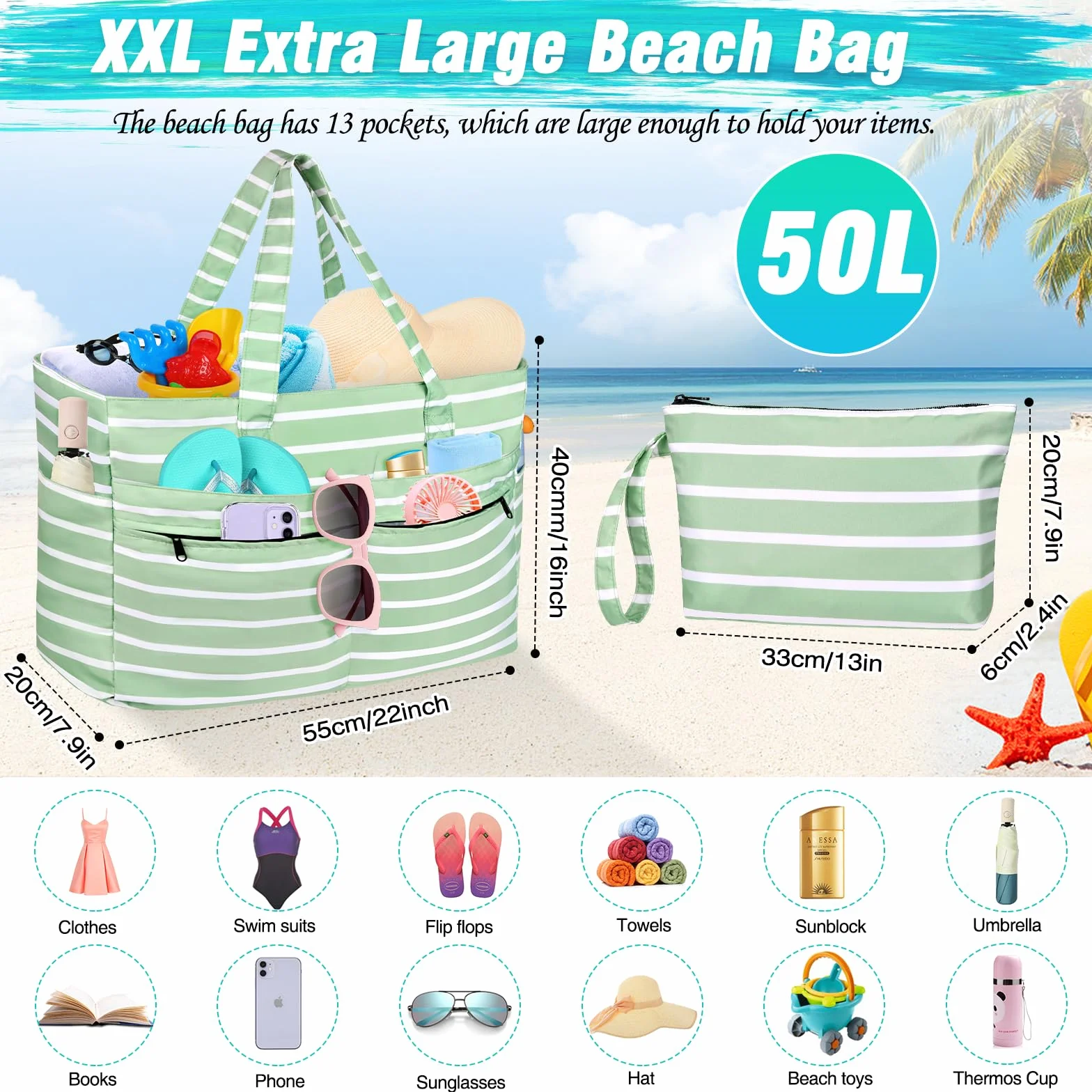 Borsa Mare Donna Grande, Borsa Spiaggia Donna Impermeabile con Zip Borse Mare Grande XXL Famiglia 50L Pieghevole Leggera Borse Beach Tote Bag per Spiaggia, Viaggio, Vacanza, Piscina