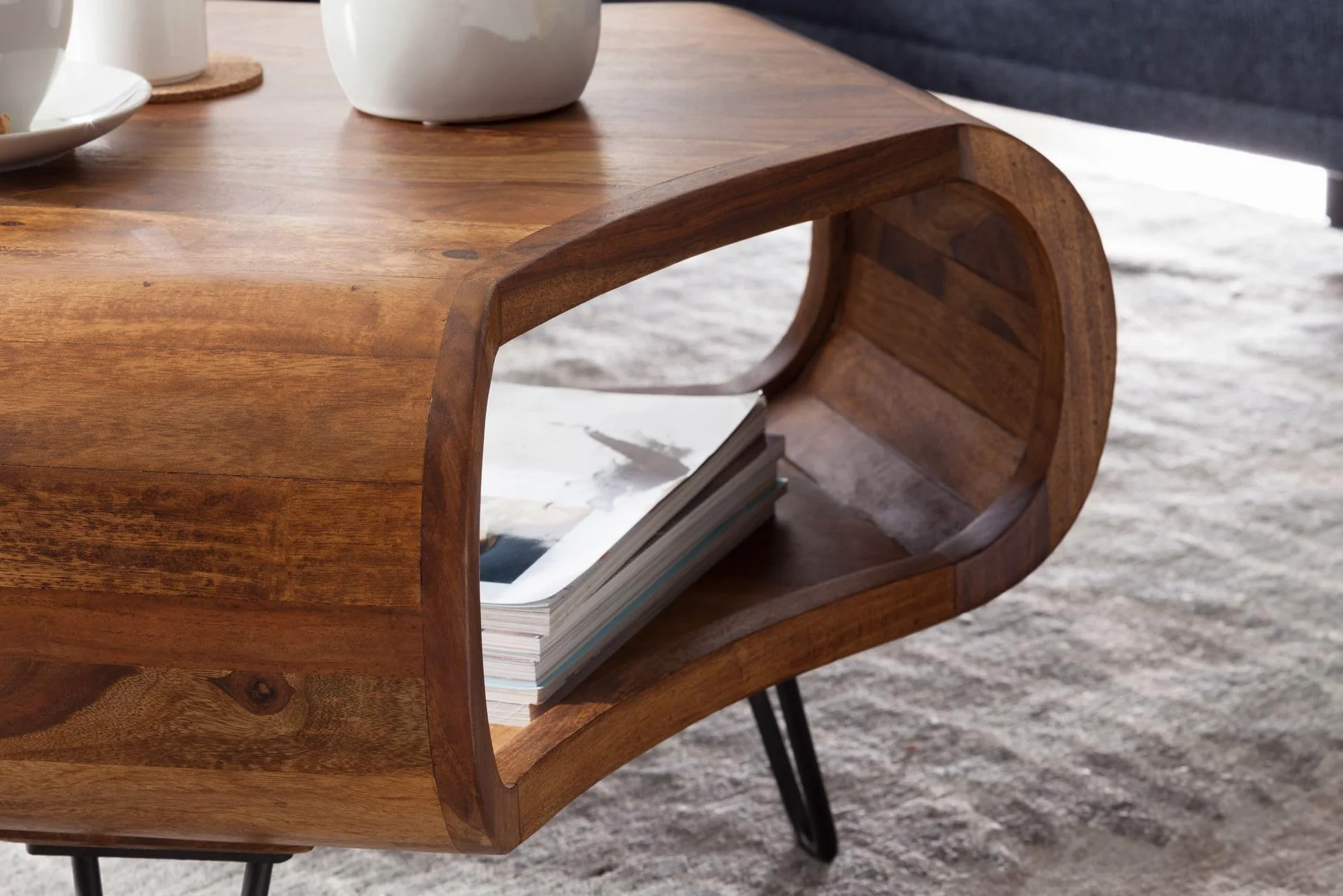 FineBuy Tavolino 55x55x38 cm Sheesham Massello con Vano Portaoggetti | tavolino da soggiorno con gambe in metallo in stile country, tavolino piccolo da divano in legno, pezzo unico fatto a mano
