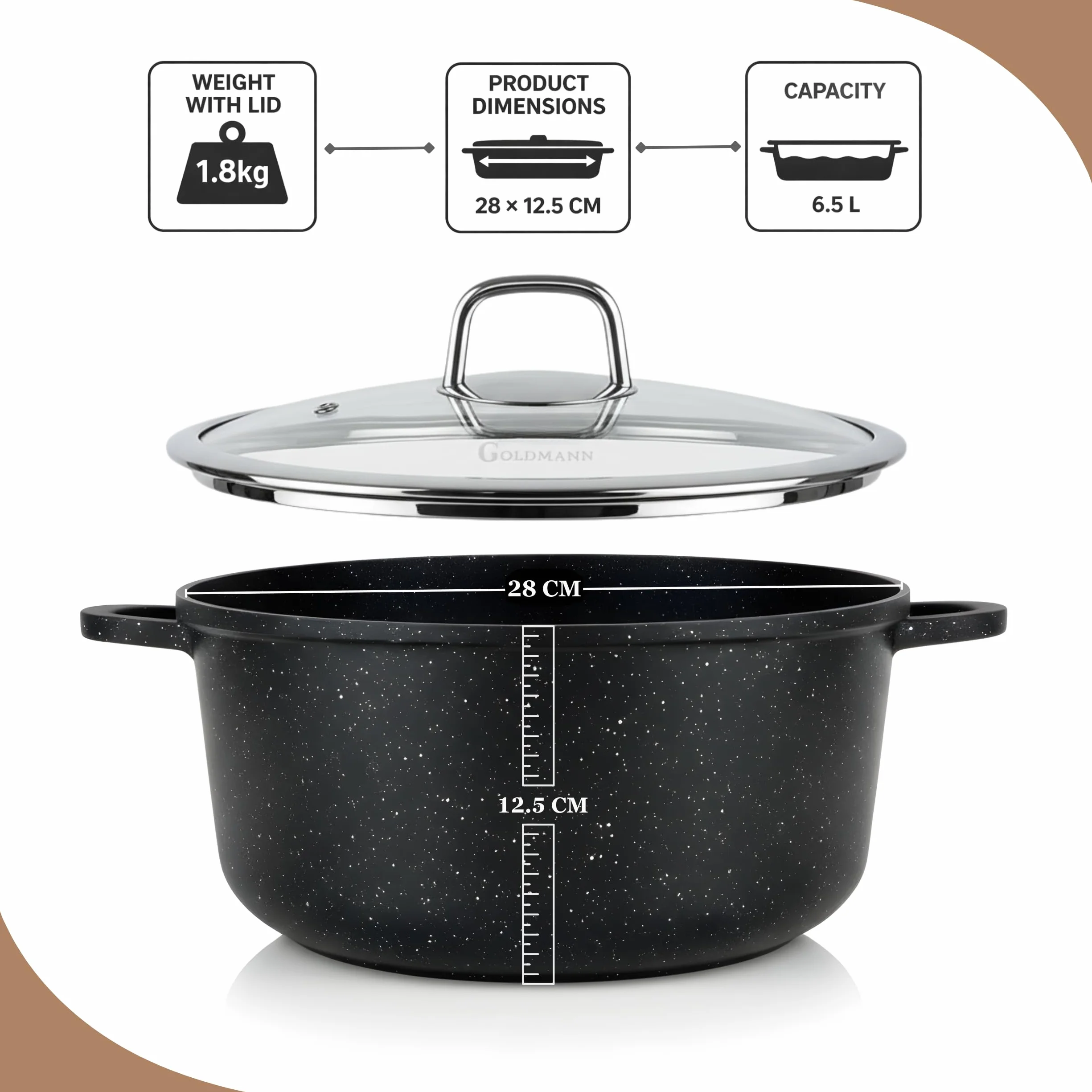 GOLDMANN Pentola da 28 CM con Coperchio in Vetro, 6.5L in Alluminio Pressofuso, Rivestimento Antiaderente in Marmo Ceramico, Adatta a Tutti i Piani Cottura, Senza PFOA/PFAS