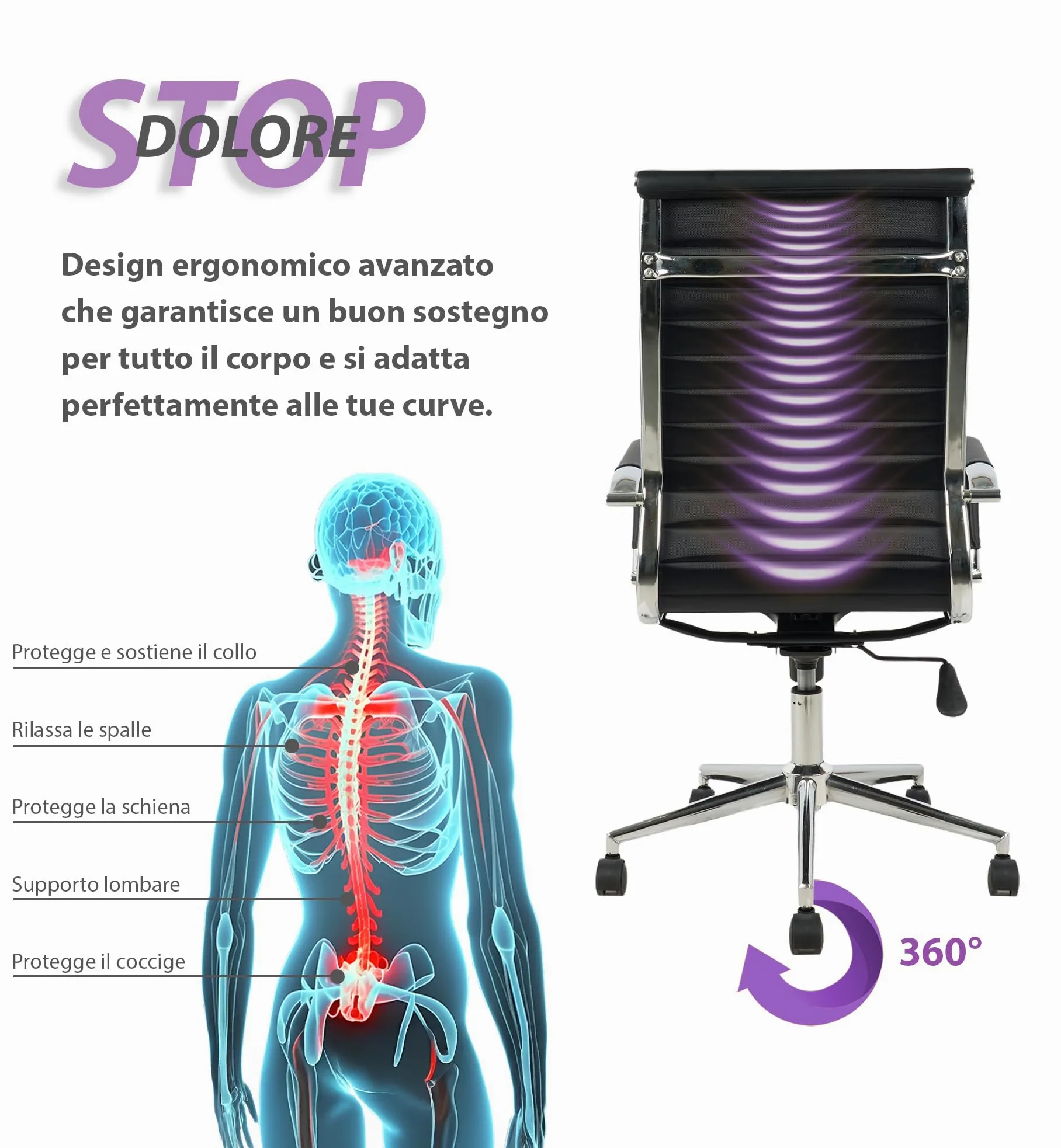 IlGruppone Sedia da Ufficio Elegante Poltrona Direzionale Base Cromata Ruote SilenzioneErgonomica Design Moderno Colore Nero Rivestimento Ecopelle