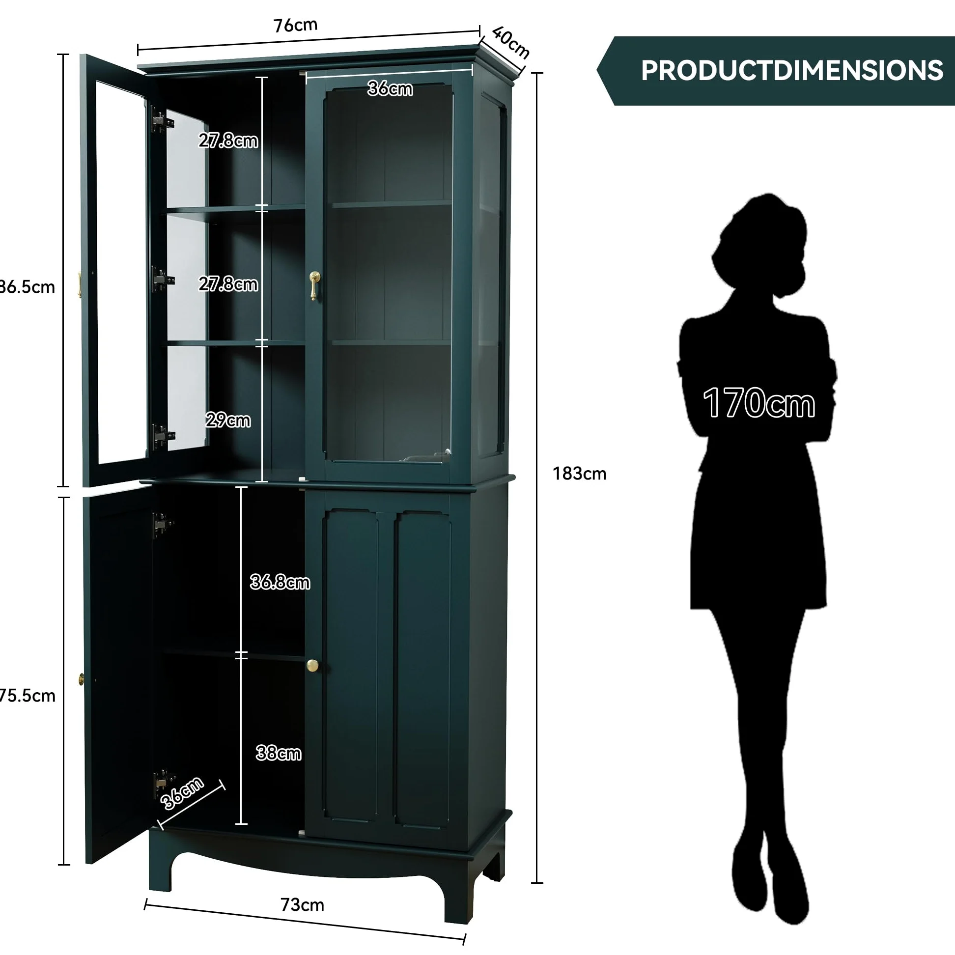 HOLTICO Vetrina Espositiva Soggiorno, Armadio Cucina Indipendente con Ante in Vetro e Legno, Cristalliera Classica con Ripiani Regolabili, Mobili Cucina per Collezionismo, Cucina e Soggiorno, verde
