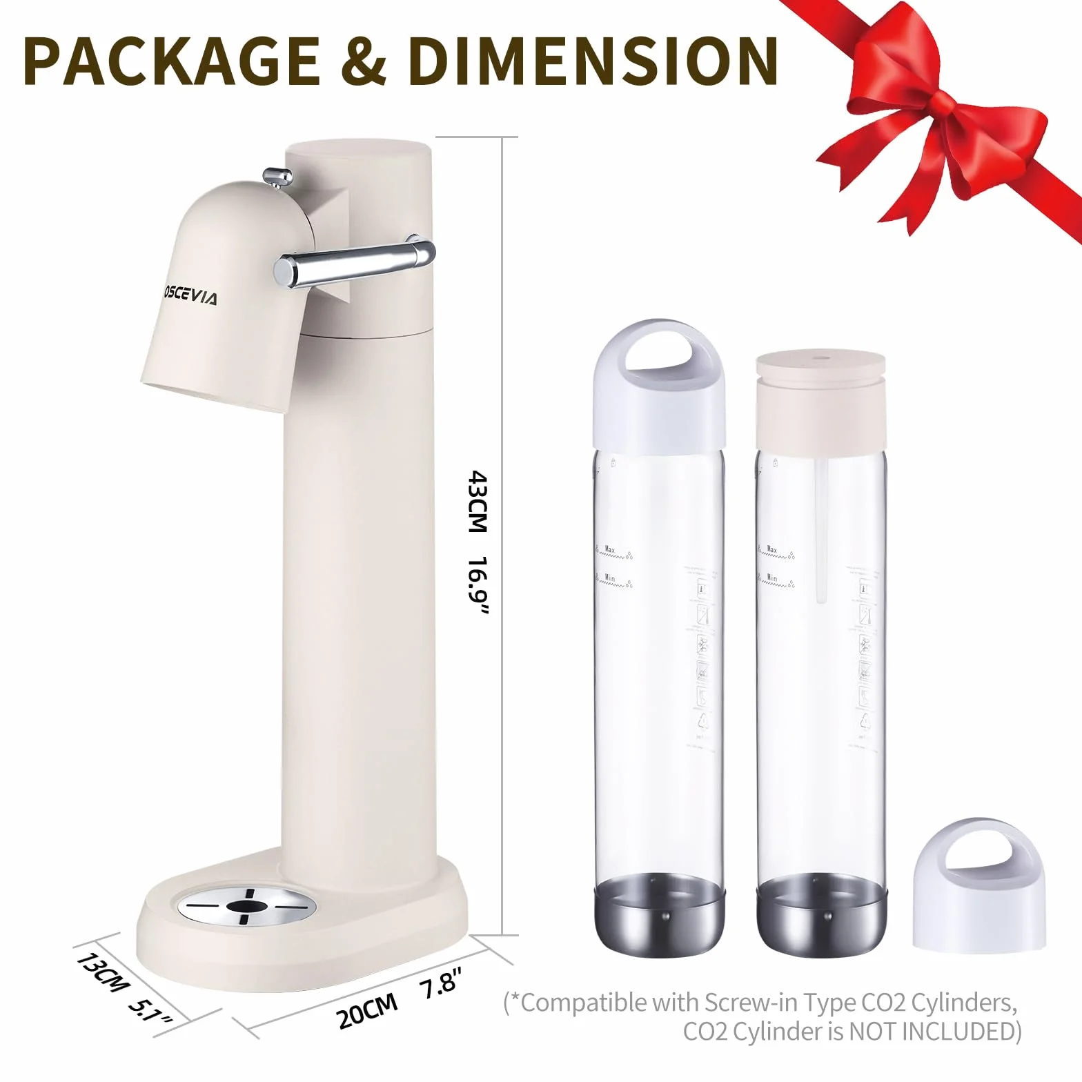 Macchina per Acqua Frizzante per Casa, Macchina per Soda con 2 Bottiglie Senza BPA (1L + 1L), Compatibile con Bombola CO₂ 60L (Non Inclusa), Bianco