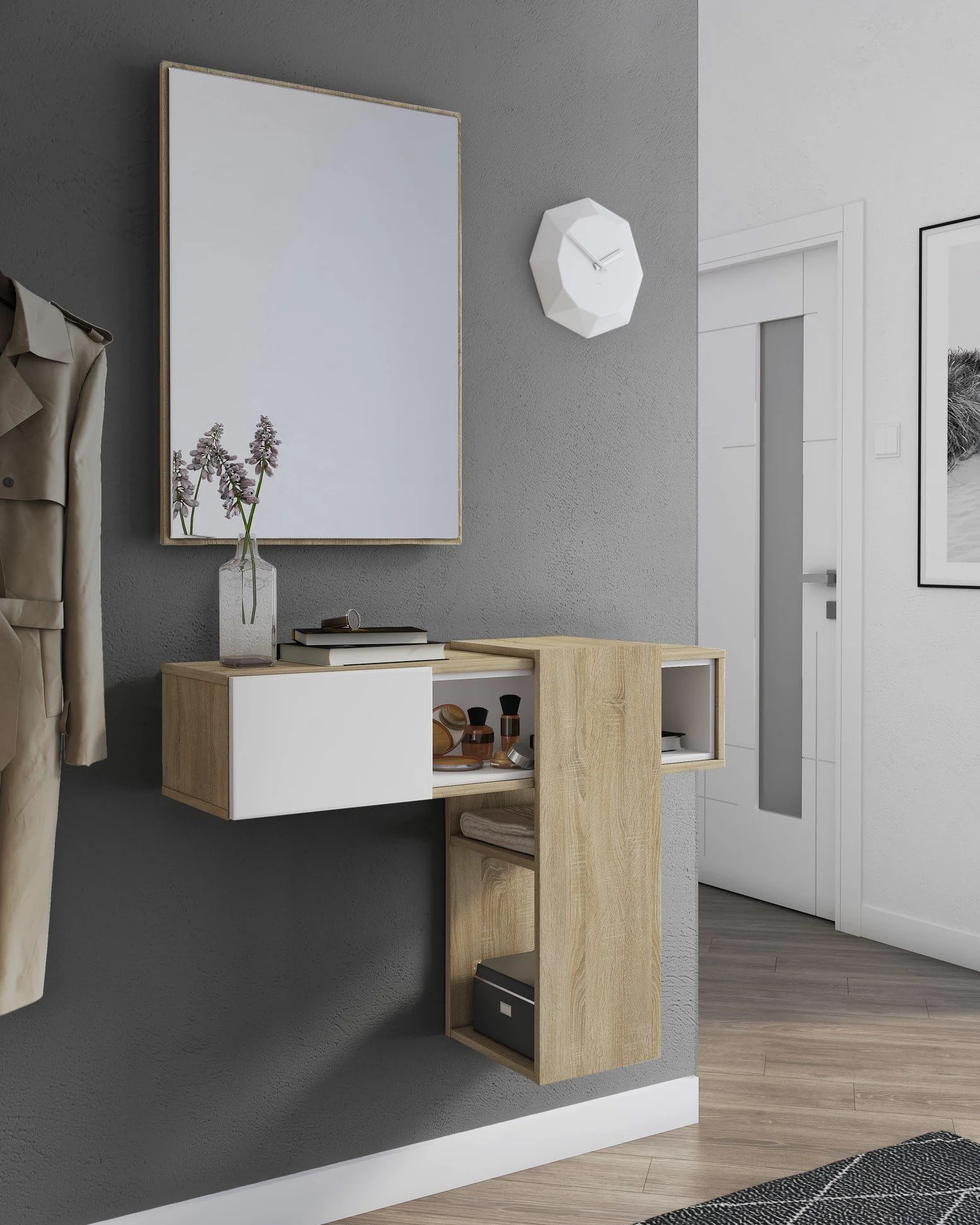 Dmora - Mobile da ingresso Baffin, Entratina appendiabiti, Composizione per atrio, Consolle portaoggetti multifunzione, 100x31h75 cm, Rovere e Bianco