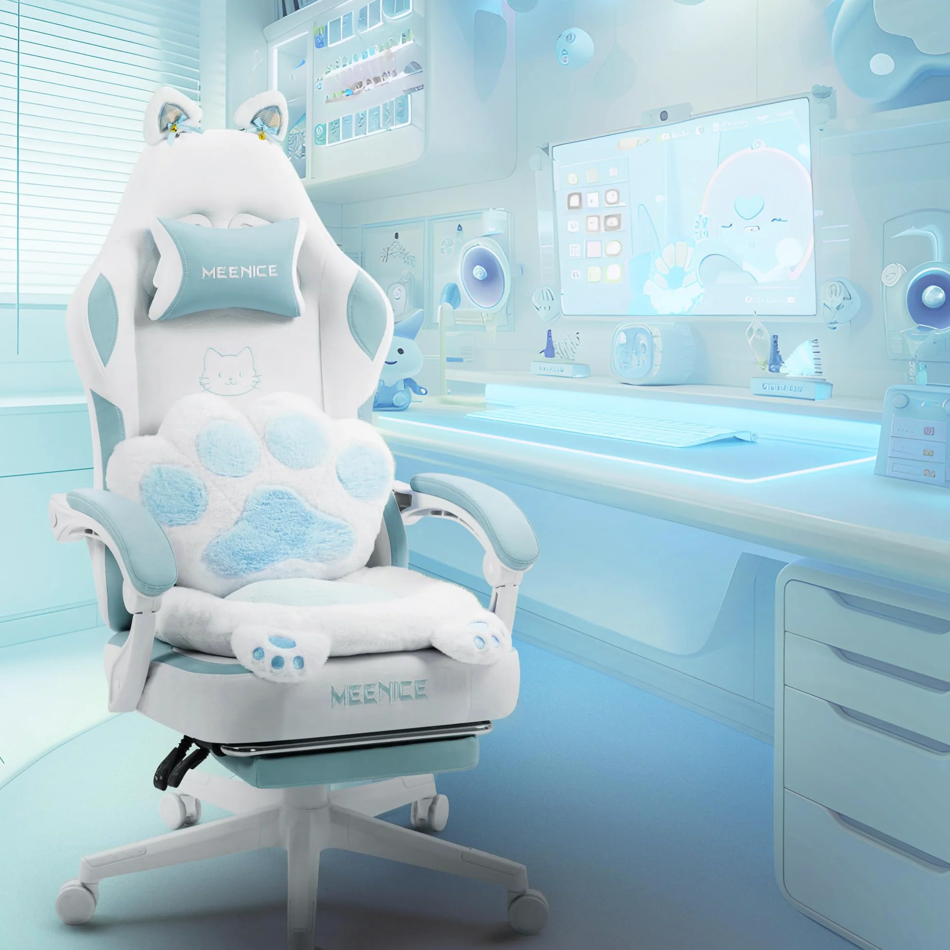 Gatto Sedia Gaming con Poggiapiedi, Cuscino Lombare e Orecchie di Gatto, Sedia da Gaming Ergonomica in Velluto, con Poggiapiedi, per Donne, Adulti e Adolescenti, Blu e Bianco