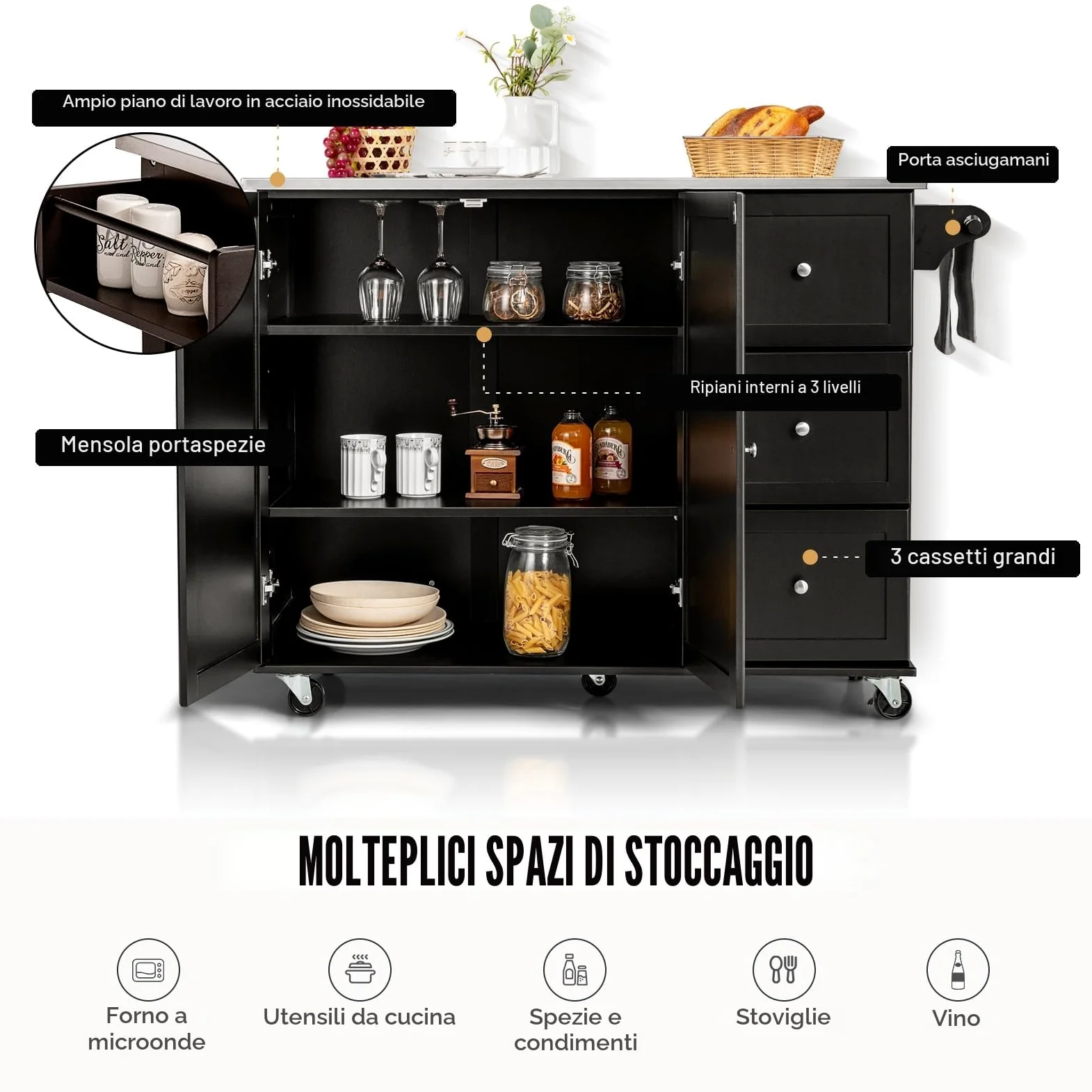 KOMFOTTEU Isola da Cucina Mobile con Piano di Lavoro in Acciaio Inox, Carrello da Cucina con 3 Cassetti & Porta Asciugamani & Ripiano Regolabile, Armadio da Cucina su Ruote, Carrello da Cucina 135 x