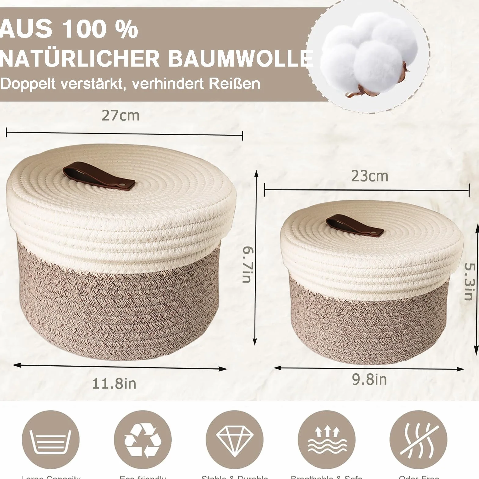 Cestini Portaoggetti con Coperchi 2 Pezzi - Cestino in Corda di Cotone Naturale con Fibbia in Pelle Decorativo