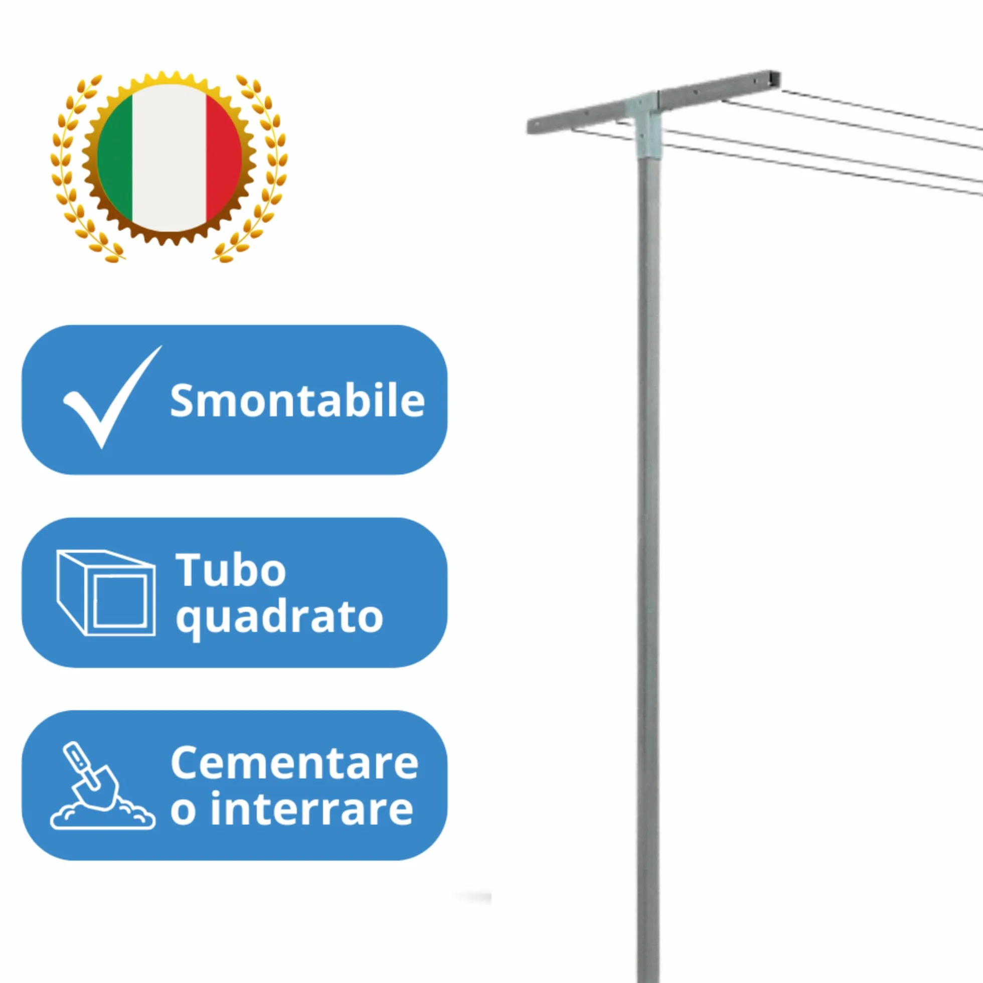 Andrys Stendi Biancheria Esterno Smontabile - Staffe per Stendere i Panni Esterno con Pali Quadri da Cementare - Acciaio Zincato a Freddo - Altezza 220cm - Fili NON Inclusi