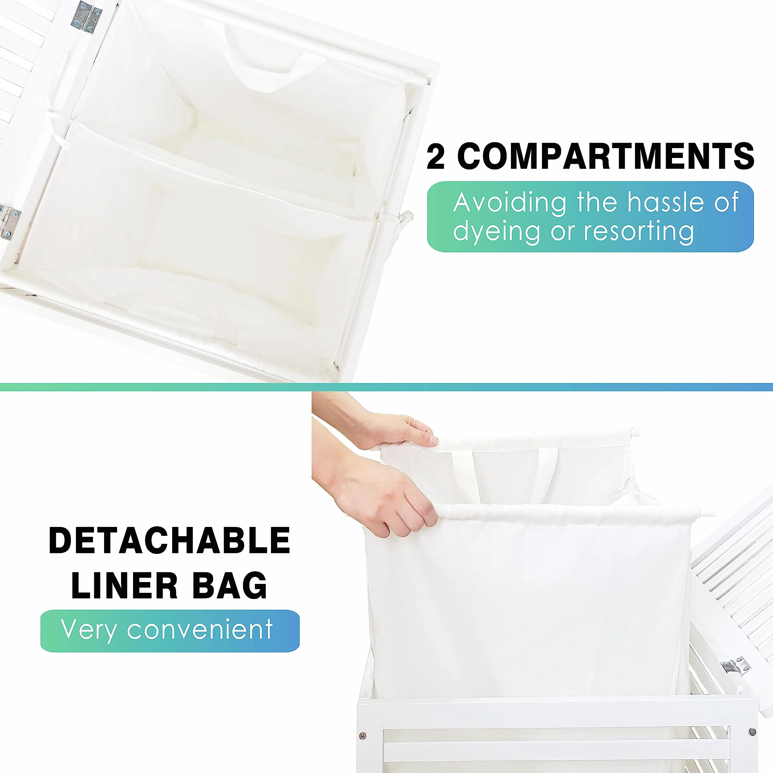 SMIBUY doppio cesto per biancheria con coperchio, cesto per biancheria in bambù da 120 litri con sacchetto di fodera rimovibile per lavanderia, bagno, camera da letto (bianco)