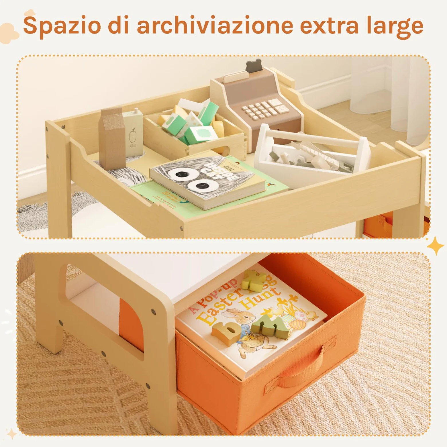 WOLTU Set Mobili con Lavagna Contenitore Tavolo e Sedie per Bambini Soggiorno Tavolino con 2 Sgabelli in Legno