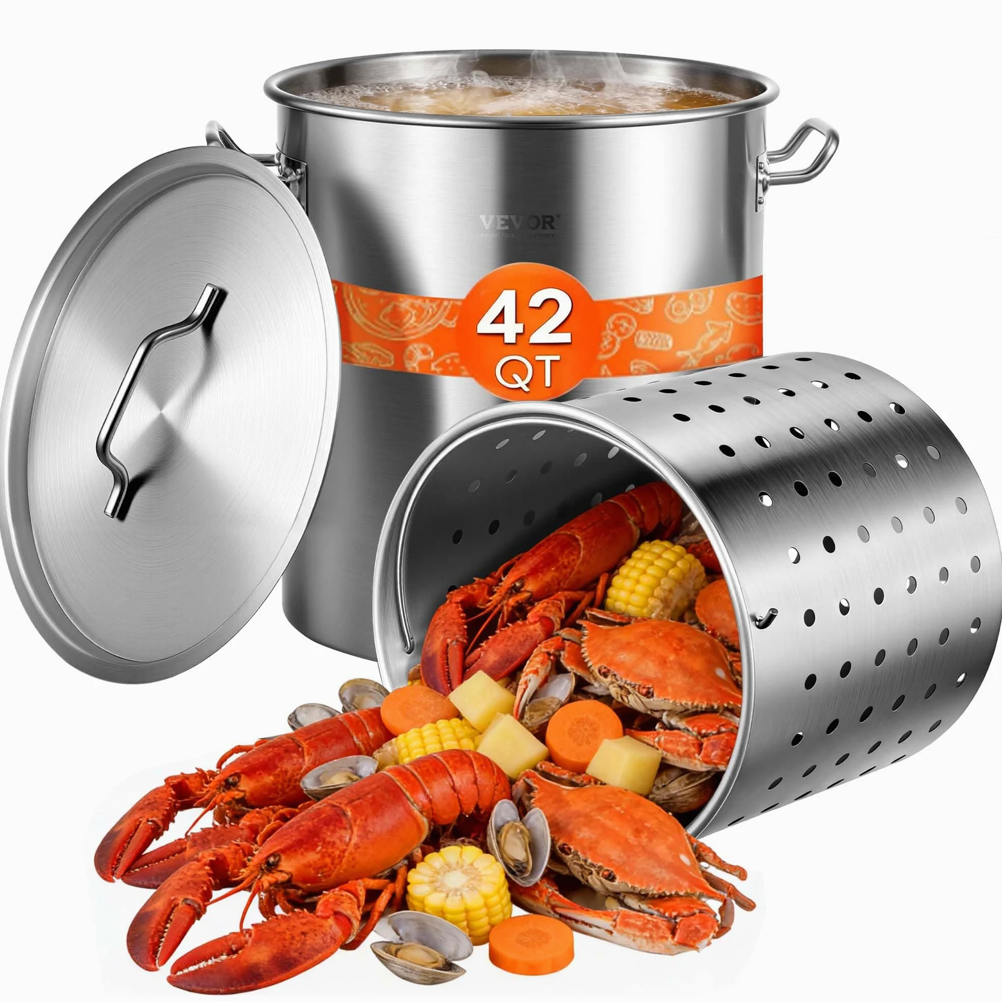 VEVOR Casseruola di Minestre Catering Forno Olandese da 39,7 L con Coperchio Manico Filtro Diametro 35 cm Altezza 41 cm, Pentola Grande in Acciaio Inossidabile per Ristoranti Eventi Cucina Commerciale