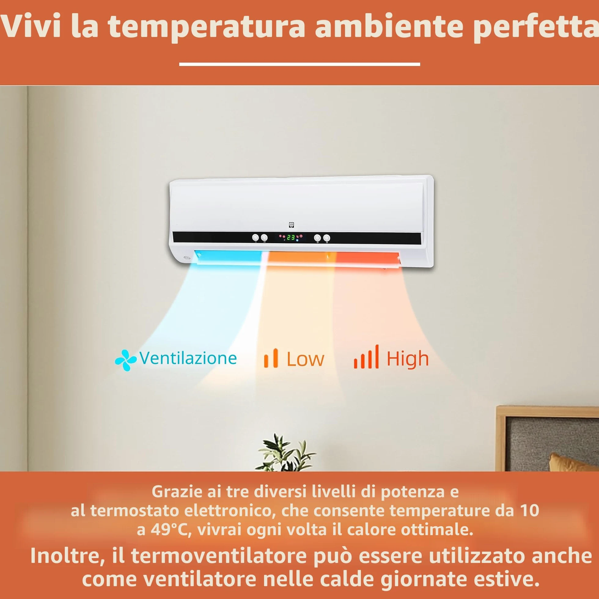 SHX Termoventilatore PTC a parete 2000W SHX501HEAT2023 - Elemento riscaldante PTC, 2 livelli di riscaldamento, 3 modalità di funzionamento, 2000 Watt, termostato elettronico, programmazione timer,