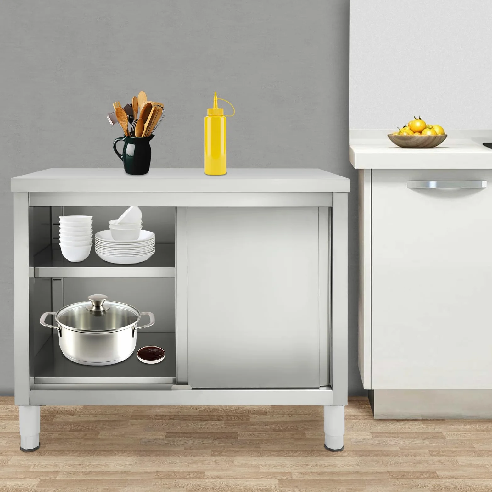 Armadio da lavoro con ante scorrevoli, piano da lavoro in acciaio inox, armadio con piano da lavoro per cucina, armadio autoportante in acciaio inox, tavolo in acciaio inox per cucina