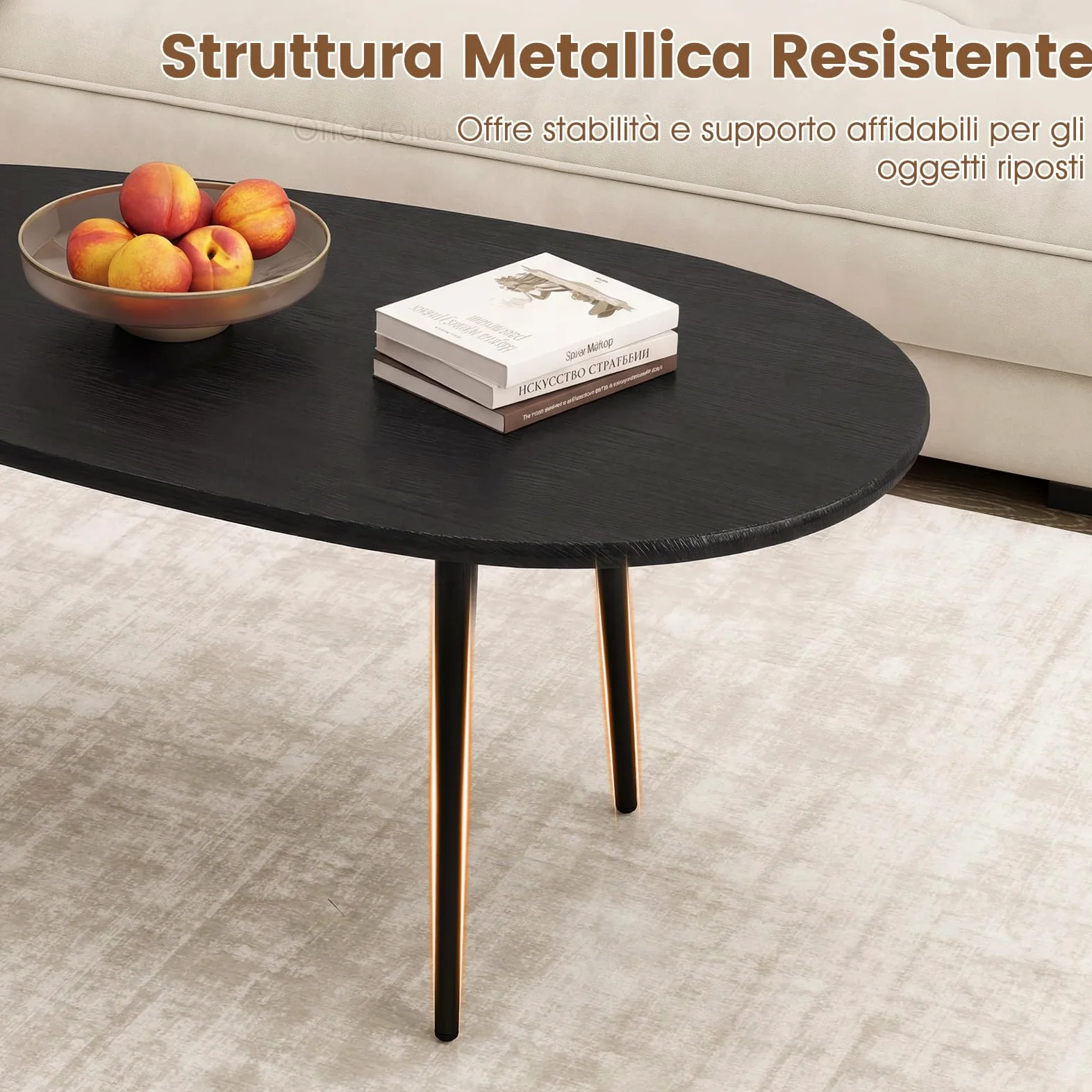COSTWAY Tavolino da Salotto Ovale, Tavolino da Caffè con Struttura Metallica Robusta e Design Compatto, Tavolo Basso per Soggiorno, Ufficio e Lounge (Nero)
