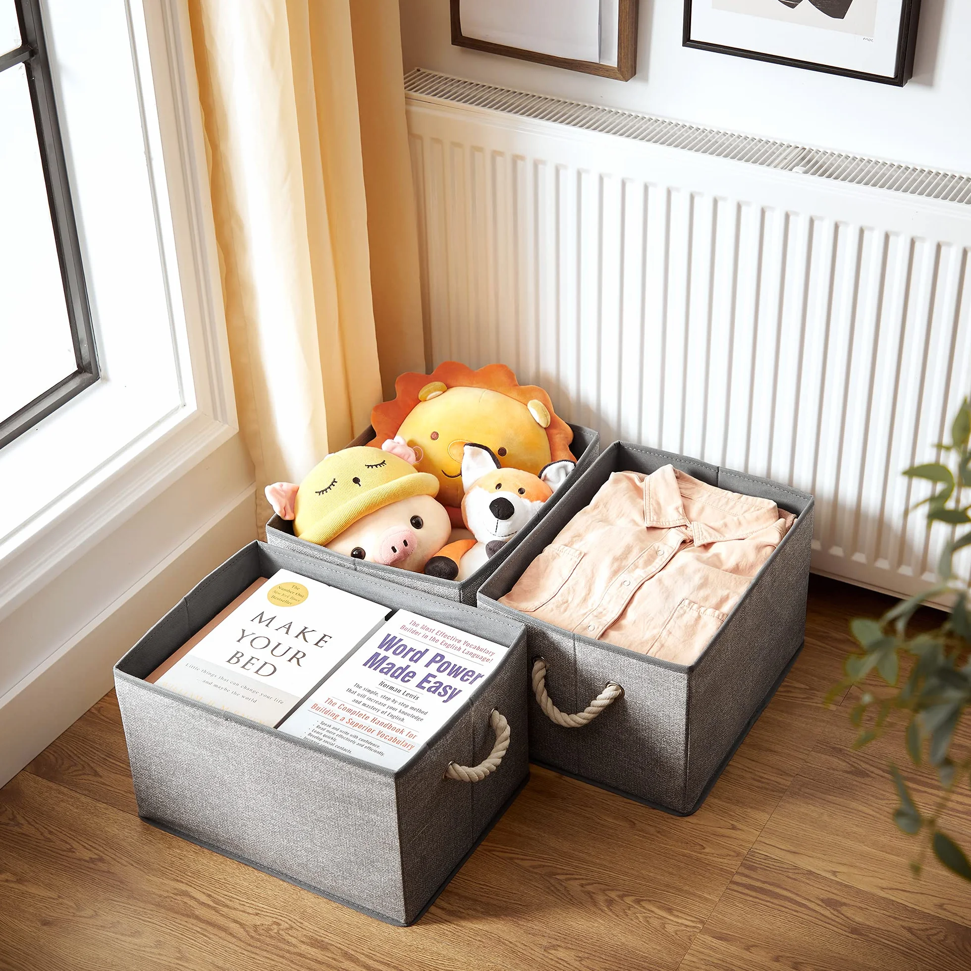 SONGMICS Scatole Portaoggetti in Tessuto, Set di 3 Contenitori con Manico, senza Coperchio, Organizzatori, 40 x 30 x 25 cm, Effetto Simil Lino, Grigio RFB013G01