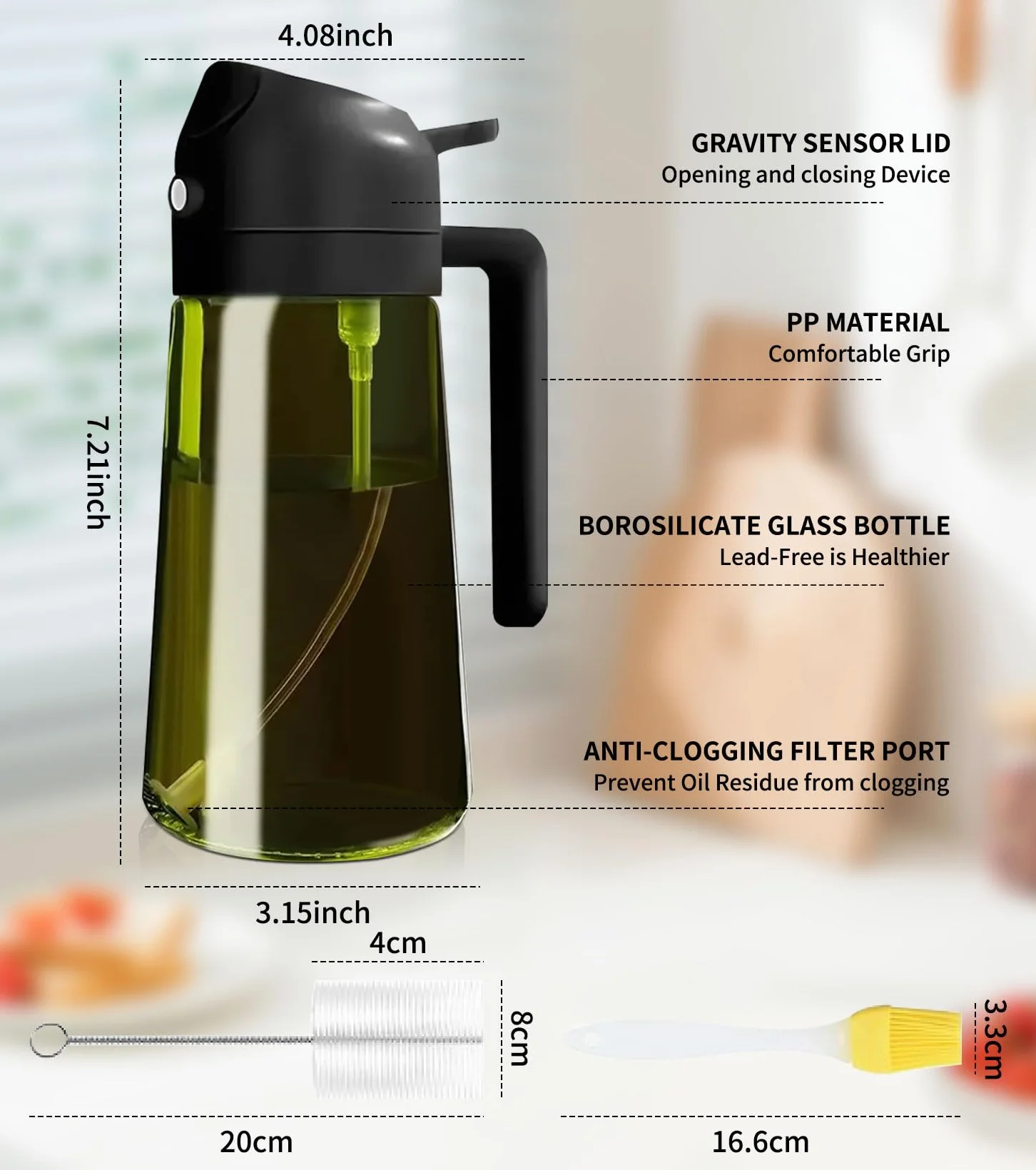 Spruzzatore Olio 2 in 1 da 470ml in Vetro per Cucina, Oliera Spray Dosatore per Olio d’Oliva