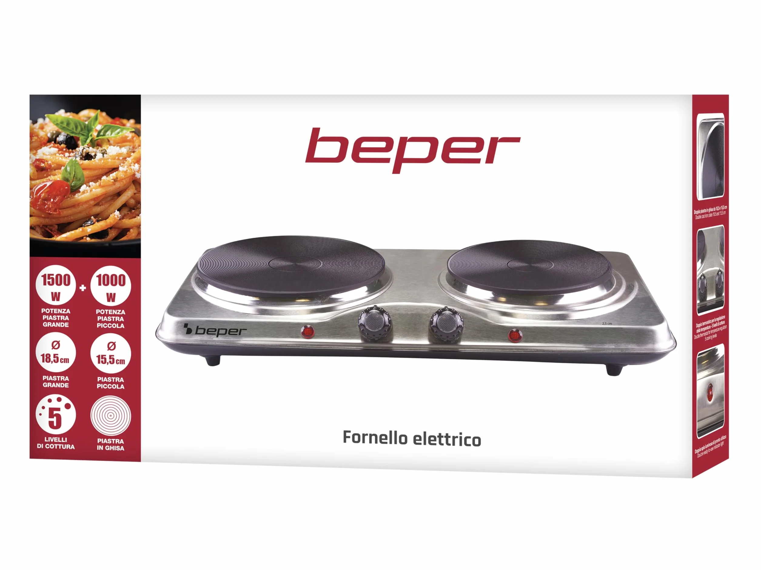 BEPER 90.825 Fornello Elettrico in Acciaio Inossidabile con 5 Livelli di Potenza - Fornello Elettrico 2 Piastre