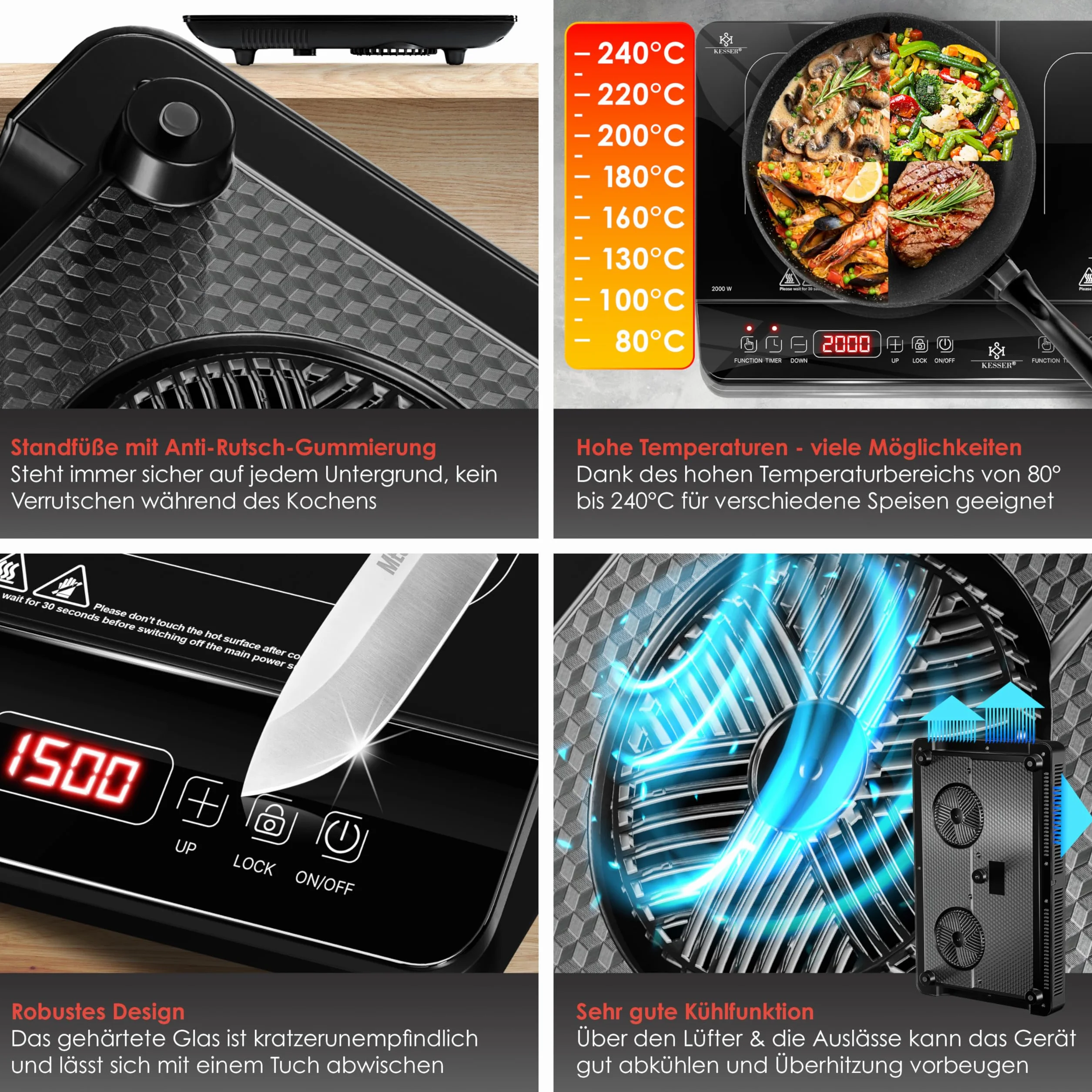 KESSER Piano cottura a induzione 2 piastre 3500W portatile 57 cm, 8 impostazioni calore, timer, touch control, booster