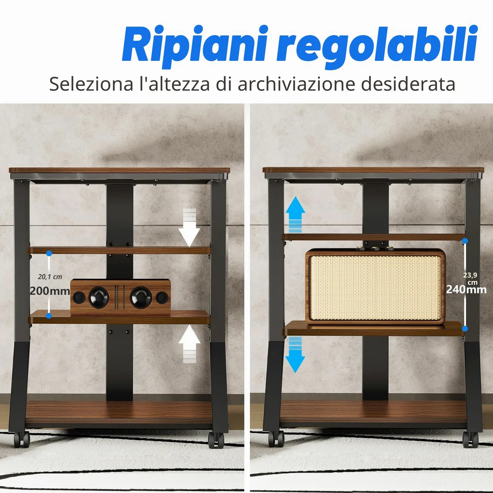5Rcom Rack e supporti HiFi Audio Rack Armadio AV Mensola Movimento Stand 4 Ripiani in legno per Giradischi Lettore DVD Unità di intrattenimento Multifunzionale Altezza Regolabile Capacità di carico 54