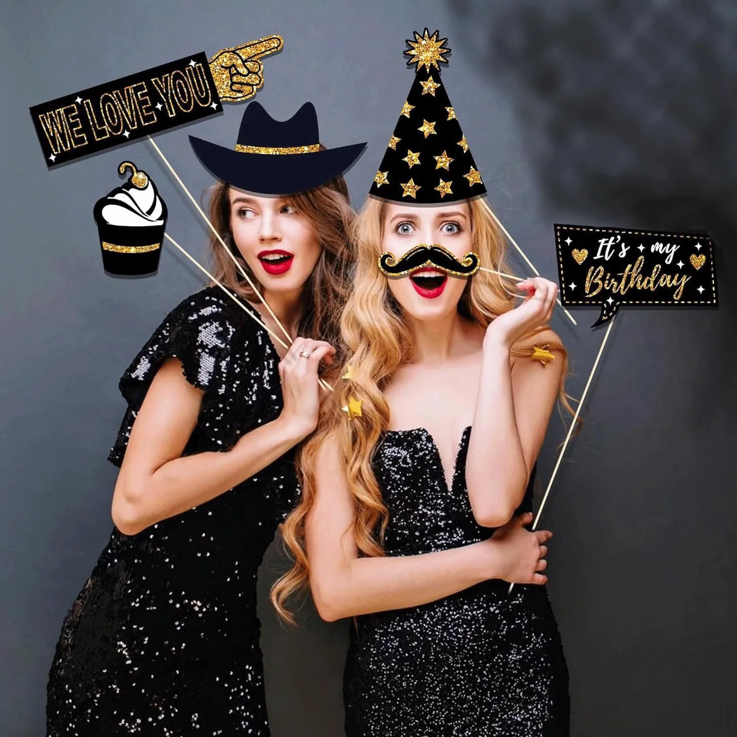 36 Pezzi Accessori Fotobox Feste, Decorazioni Autoscatto Tema Oro e Nero con Bastoncini e Adesivi per Compleanno, Matrimonio, Natale, Halloween, Laurea – Kit Foto Divertenti per Party