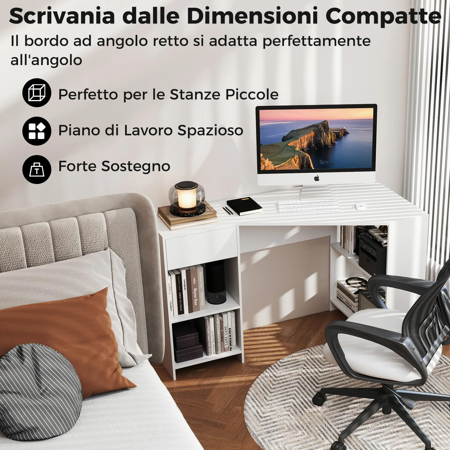 COSTWAY Scrivania ad Angolo per Computer 120 x 60 cm, Scrivania a Forma di L con Ripiani e Cassetto, Scrivania Angolare Gaming Salvaspazio per Ufficio, Studio e Cameretta, Bianco