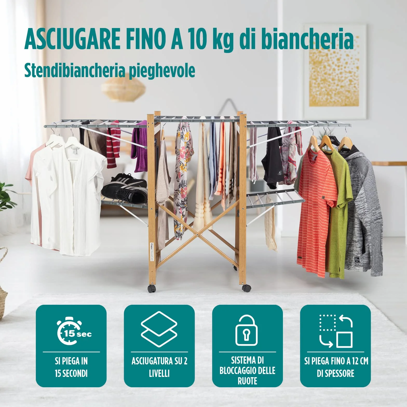 VITAPUR House Care XXL Stendibiancheria con Ruote - Stendino 2 Livelli 21m - Pieghevole 12cm Effetto Legno - Stendibiancheria da Terra Mobile Interno Esterno - 25kg Portata 136x69cm Salvaspazio