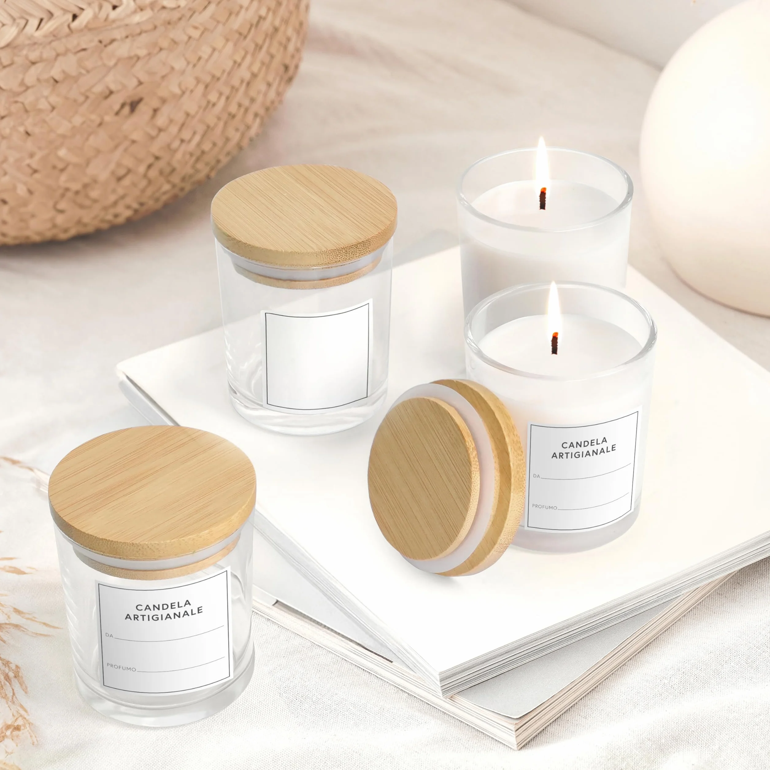 Portacandele Vetro 170 ml con Coperchi [15 Pezzi] - Porta Candele Vuoti Trasparenti - Include Etichette Adesive