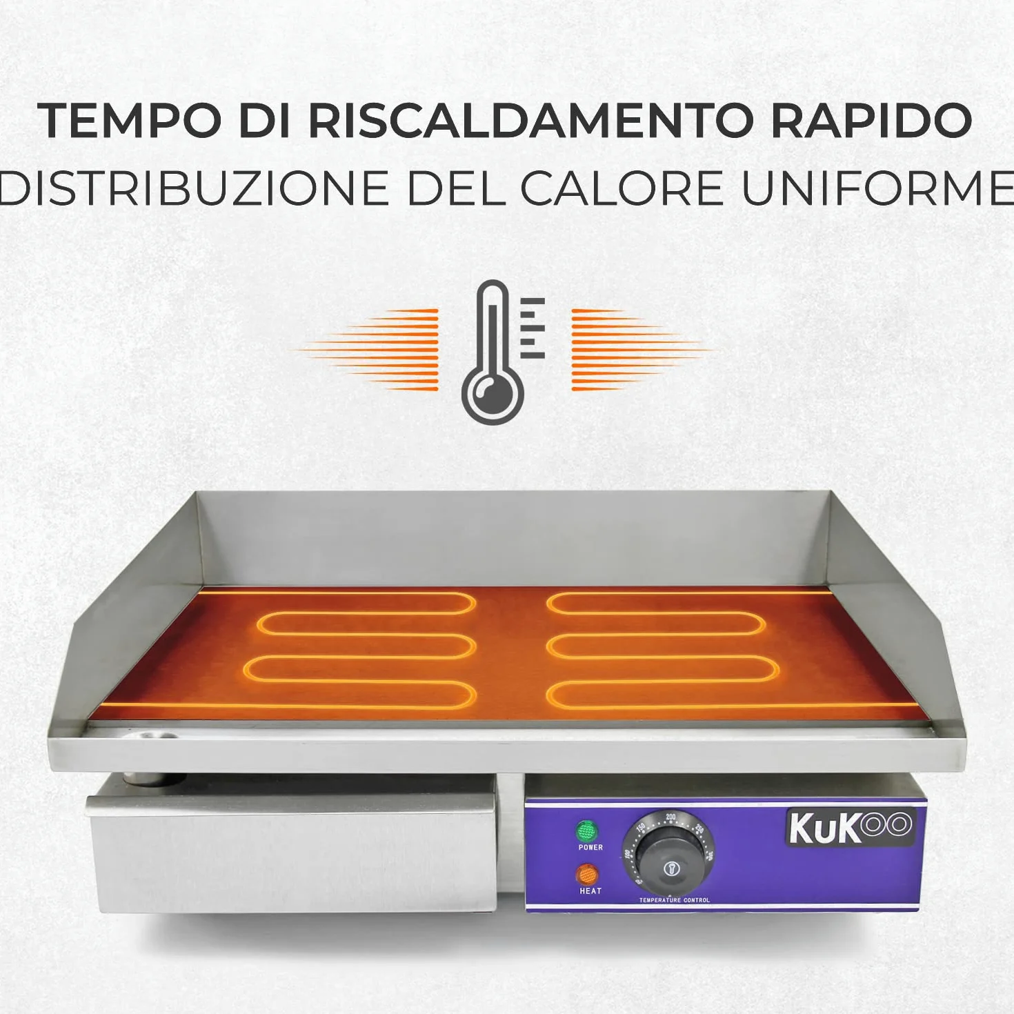 Kukoo - Piastra Elettrica da Cucina in Acciaio Inossidabile Griglia Professionale Liscia Bistecchiera da Bar Ristorante - 50cm